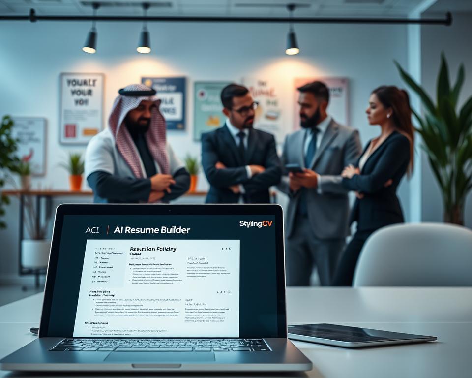 A modern workspace featuring a sleek, digital interface displaying an "AI Resume Builder" by StylingCV. In the foreground, a polished laptop reveals an elegant resume template, with AI features such as suggestions and layout options illuminated on the screen. In the middle ground, a diverse group of professionals—one male in traditional KSA attire and others in professional business attire—collaboratively discussing strategies and sharing insights on job applications. The background includes a bright office with motivational posters and plants, bathed in soft, natural light from large windows. The atmosphere is focused and inspiring, emphasizing innovation and collaboration in the job application process. A modern workspace featuring a sleek, digital interface displaying an "AI Resume Builder" by StylingCV. In the foreground, a polished laptop reveals an elegant resume template, with AI features such as suggestions and layout options illuminated on the screen. In the middle ground, a diverse group of professionals—one male in traditional KSA attire and others in professional business attire—collaboratively discussing strategies and sharing insights on job applications. The background includes a bright office with motivational posters and plants, bathed in soft, natural light from large windows. The atmosphere is focused and inspiring, emphasizing innovation and collaboration in the job application process.