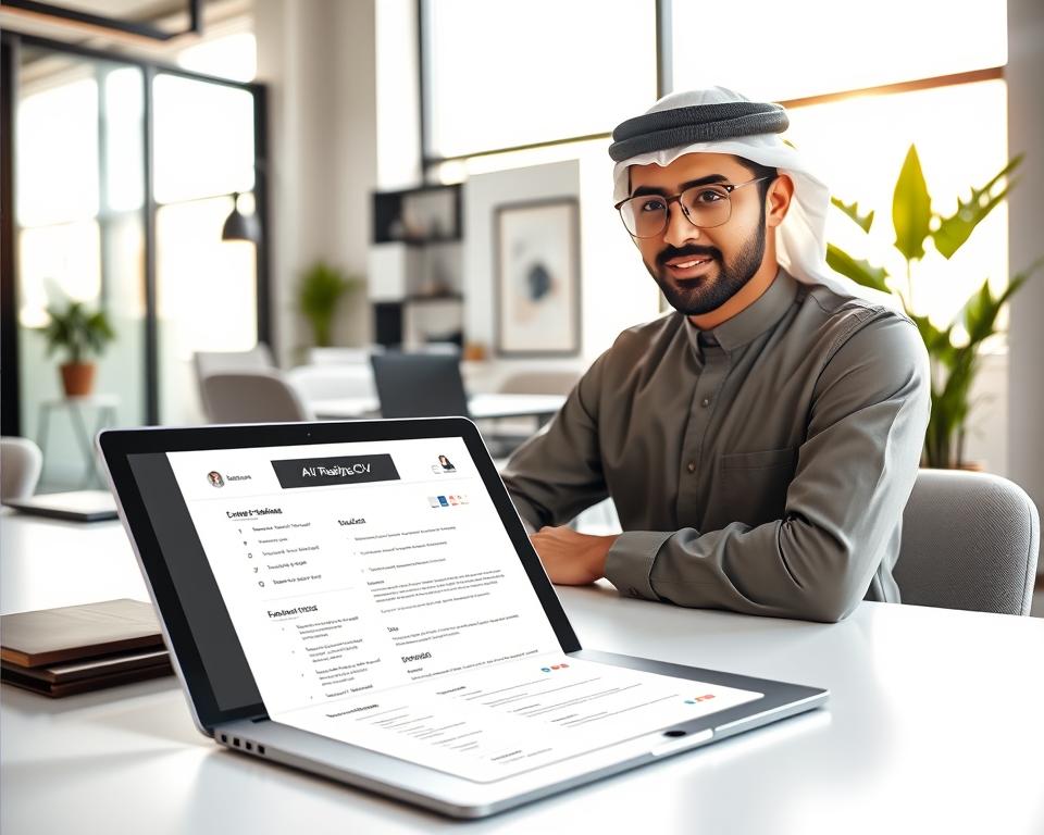 A modern workspace featuring a sleek laptop open to a well-designed resume with AI graphics subtly integrated into the design. In the foreground, a confident young man dressed in traditional KSA attire, sitting at the desk, is focused on enhancing his resume using an AI-powered tool called "StylingCV." The middle layer shows a stylish office with contemporary decor, minimalistic furniture, and a potted plant, enhancing the sense of a productive environment. The background includes a large window with warm, natural light streaming in, creating a bright and motivating atmosphere. Soft shadows and a balanced composition make the scene engaging yet polished, embodying a professional mood suitable for career advancement.