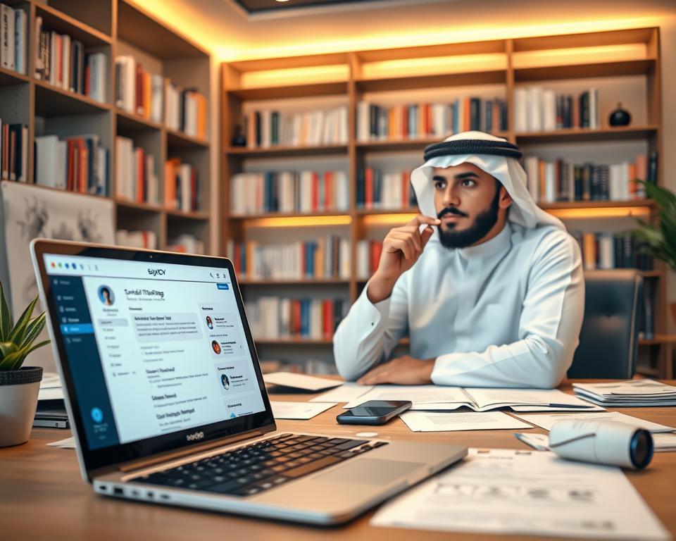 A modern workspace filled with technological elements, showcasing an "AI resume builder" theme. In the foreground, a sleek laptop displays the user-friendly interface of "StylingCV", highlighting intuitive features like drag-and-drop sections and smart suggestions. A well-dressed professional man wearing traditional KSA attire sits at a desk, focused on creating an impressive resume, with a thoughtful expression. In the middle, there are scattered papers and a smartphone with a notification about job opportunities. The background features soft-focus bookshelves filled with career-related literature under warm ambient lighting, creating a cozy yet professional atmosphere. The angle captures the depth of the workspace with a slight tilt, enhancing the lively mood of innovation and career building. A modern workspace filled with technological elements, showcasing an "AI resume builder" theme. In the foreground, a sleek laptop displays the user-friendly interface of "StylingCV", highlighting intuitive features like drag-and-drop sections and smart suggestions. A well-dressed professional man wearing traditional KSA attire sits at a desk, focused on creating an impressive resume, with a thoughtful expression. In the middle, there are scattered papers and a smartphone with a notification about job opportunities. The background features soft-focus bookshelves filled with career-related literature under warm ambient lighting, creating a cozy yet professional atmosphere. The angle captures the depth of the workspace with a slight tilt, enhancing the lively mood of innovation and career building.