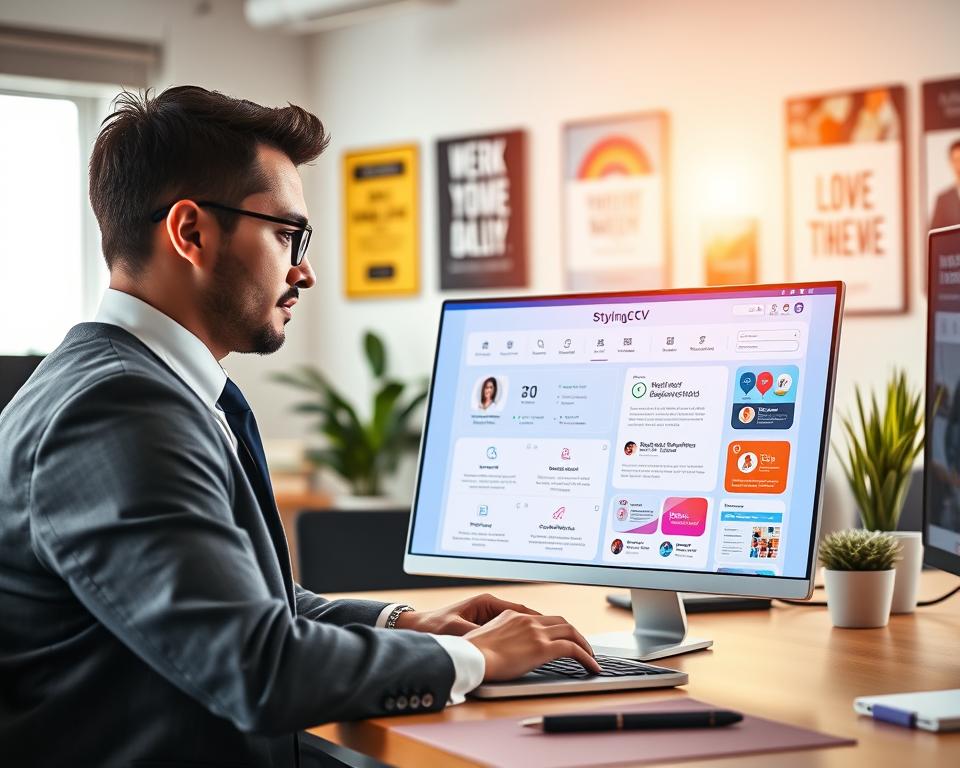 A modern workspace scene featuring an AI-powered resume builder interface on a sleek computer screen. In the foreground, a professional man dressed in traditional KSA attire is thoughtfully reviewing his resume on a laptop. The middle ground shows a digital interface with vibrant colors displaying various resume templates, icons, and a user-friendly layout with the brand name "StylingCV" prominently featured on the screen. The background includes soft-focus images of office elements like a desk, a potted plant, and motivational posters, illuminated by warm, natural lighting from a nearby window. The overall mood is inspiring and productive, evoking the efficiency and innovation of AI resume tools. A modern workspace scene featuring an AI-powered resume builder interface on a sleek computer screen. In the foreground, a professional man dressed in traditional KSA attire is thoughtfully reviewing his resume on a laptop. The middle ground shows a digital interface with vibrant colors displaying various resume templates, icons, and a user-friendly layout with the brand name "StylingCV" prominently featured on the screen. The background includes soft-focus images of office elements like a desk, a potted plant, and motivational posters, illuminated by warm, natural lighting from a nearby window. The overall mood is inspiring and productive, evoking the efficiency and innovation of AI resume tools.
