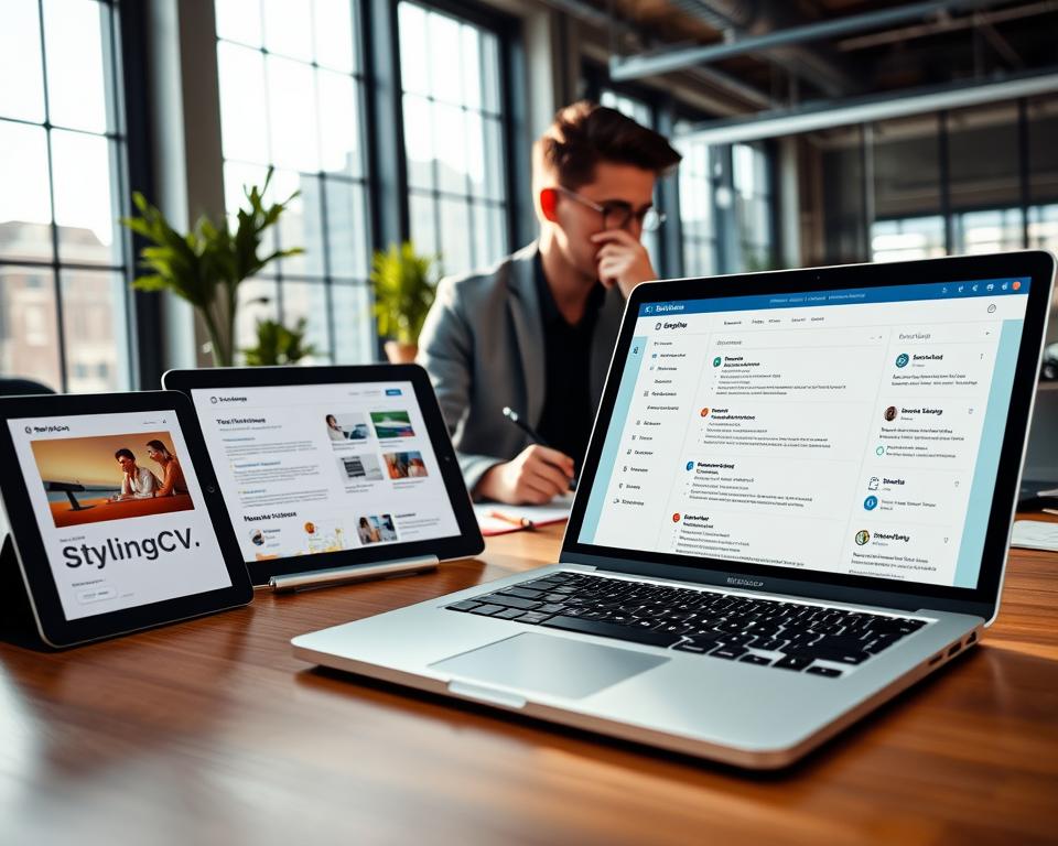 A modern workspace showcasing AI resume builders designed for industry-specific tools. In the foreground, a sleek laptop with an open screen displays a user-friendly AI resume builder interface, featuring organized sections for work experience, skills, and formatting options. To the left, a tablet showcases an interactive template by "StylingCV", highlighting customizable design elements. In the middle ground, a professional wearing smart casual attire contemplates their resume while looking at the laptop, surrounded by stationery and notes. The background features a vibrant office space with large windows, sunlight streaming in, creating a bright and inspiring atmosphere. The camera angle is slightly elevated, giving a comprehensive view of the workspace, emphasizing innovation and productivity.