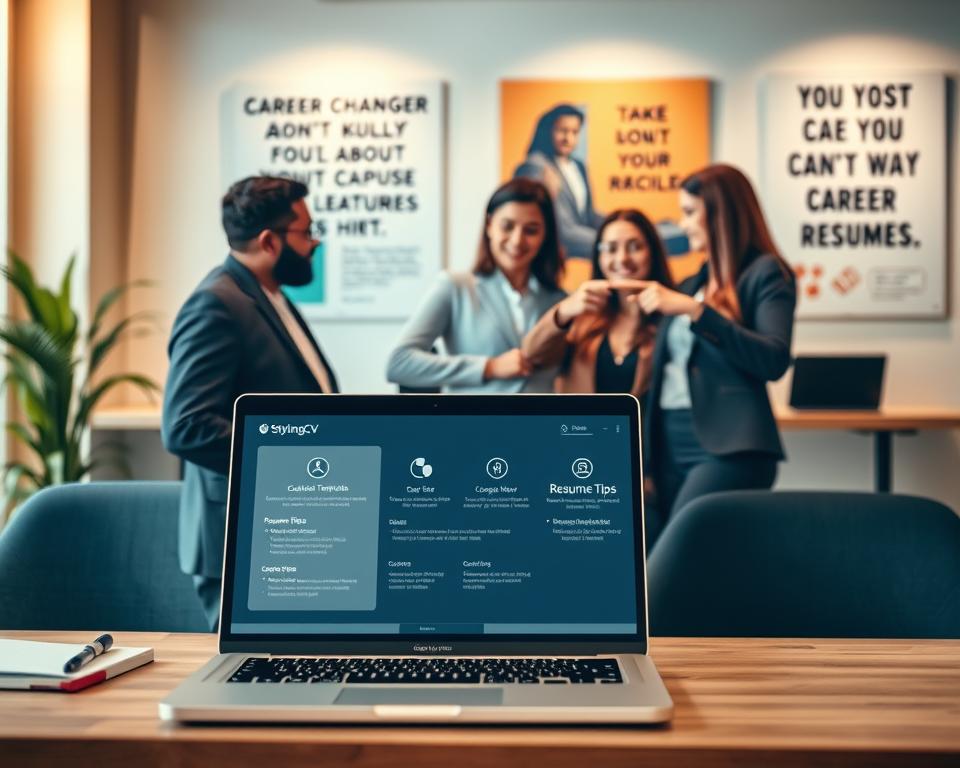 A modern workspace showcasing the features of an AI resume builder, specifically StylingCV. In the foreground, a sleek laptop displays the user interface of the AI resume builder, featuring customizable templates, resume tips, and a skill assessment tool. Surrounding the laptop, professional business attire such as a tailored blazer and neat notepad hint at an atmosphere of career advancement. In the middle ground, a diverse group of three individuals, depicting career changers in professional outfits, discuss their resumes while pointing at the laptop screen, conveying collaboration and inspiration. The background includes a softly lit office space with motivational posters about career growth and advancement. Warm, inviting lighting creates a supportive, energetic mood, encouraging viewers to visualize leveraging AI for a successful career transition. A modern workspace showcasing the features of an AI resume builder, specifically StylingCV. In the foreground, a sleek laptop displays the user interface of the AI resume builder, featuring customizable templates, resume tips, and a skill assessment tool. Surrounding the laptop, professional business attire such as a tailored blazer and neat notepad hint at an atmosphere of career advancement. In the middle ground, a diverse group of three individuals, depicting career changers in professional outfits, discuss their resumes while pointing at the laptop screen, conveying collaboration and inspiration. The background includes a softly lit office space with motivational posters about career growth and advancement. Warm, inviting lighting creates a supportive, energetic mood, encouraging viewers to visualize leveraging AI for a successful career transition.