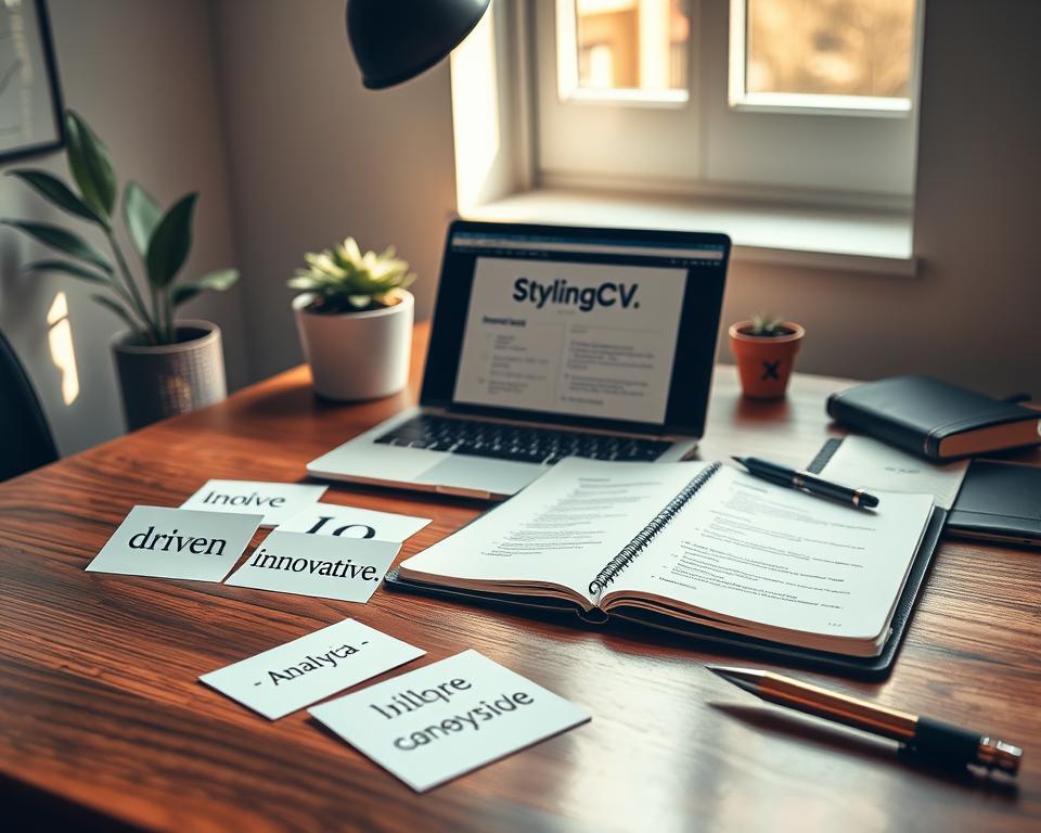 A polished and sophisticated desktop scene featuring a stylish, modern workspace, with an elegant wooden desk at the forefront. Lying neatly atop the desk are visually appealing cards displaying various professional adjectives like “driven,” “innovative,” and “analytical” in attractive fonts. A sleek laptop is open, showing a well-organized digital resume in the middle ground, while a stylish plant and a closed notebook with a fancy pen adorn the background. Soft, natural light filters in from a nearby window, casting gentle shadows and creating a warm, inviting atmosphere. The scene conveys professionalism and creativity, encapsulating the essence of enhancing one’s professional image. Include the brand name "StylingCV" subtly integrated into the workspace, ensuring it blends harmoniously without overwhelming the visual. A polished and sophisticated desktop scene featuring a stylish, modern workspace, with an elegant wooden desk at the forefront. Lying neatly atop the desk are visually appealing cards displaying various professional adjectives like “driven,” “innovative,” and “analytical” in attractive fonts. A sleek laptop is open, showing a well-organized digital resume in the middle ground, while a stylish plant and a closed notebook with a fancy pen adorn the background. Soft, natural light filters in from a nearby window, casting gentle shadows and creating a warm, inviting atmosphere. The scene conveys professionalism and creativity, encapsulating the essence of enhancing one’s professional image. Include the brand name "StylingCV" subtly integrated into the workspace, ensuring it blends harmoniously without overwhelming the visual.