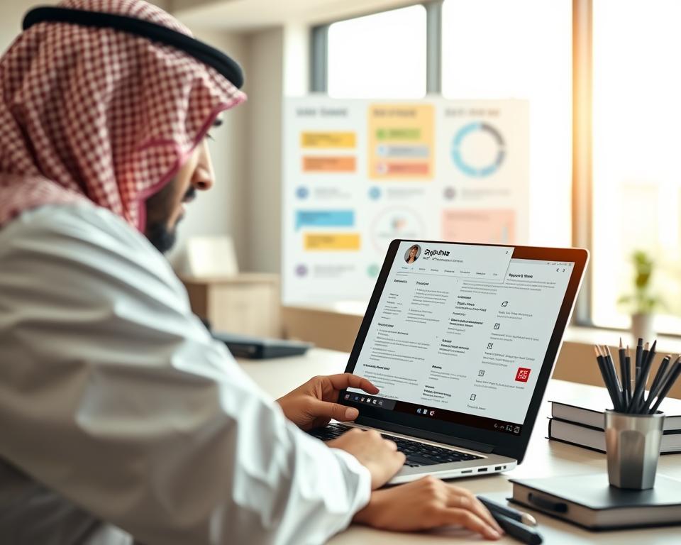 A professional Saudi employer's workspace featuring a neatly organized desk with a modern laptop displaying a resume template emphasizing Vision 2030 compliance. In the foreground, a Saudi man dressed in traditional KSA attire is reviewing the resume, his focused expression conveying attention to detail. In the middle, colorful infographics on the wall highlight key skills and experiences sought by employers in Saudi Arabia. The background softly blurs into an office setting with large windows, allowing sunlight to flood in, creating a warm and inviting atmosphere. The entire scene is captured from a slight overhead angle, emphasizing the importance of the resume while showcasing the employer’s expectations. Subtle elements like the brand name "StylingCV" branded on the laptop enhance the relevance of the image to the topic.