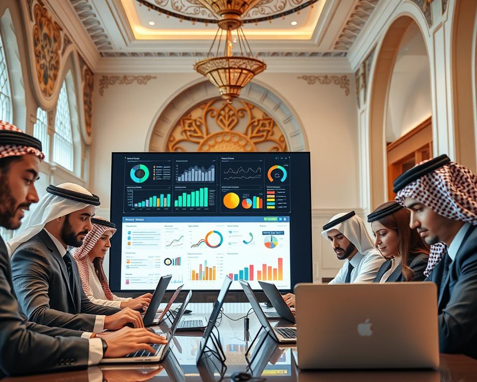 A professional Saudi recruitment office, focusing on an ATS (Applicant Tracking System). In the foreground, a diverse group of professionals in smart business attire are intently reviewing resumes on sleek laptops. The middle layer features a large, modern digital screen displaying the ATS interface, showcasing applicant data and analytics with vibrant graphs and charts. In the background, elegant Arabian architecture with traditional motifs subtly blends with modern office design, bathed in warm, inviting lighting. Use a wide-angle lens to create a dynamic view and emphasize the collaboration and technology at play. The atmosphere should be focused and efficient, reflecting the high stakes of job recruitment in the Saudi market.