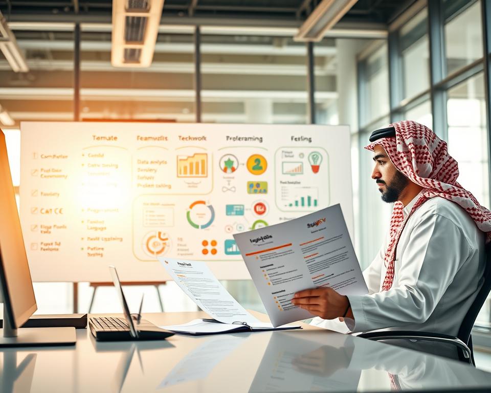 A professional and engaging workspace illustrating essential technical and soft skills for resume success. In the foreground, a well-dressed Saudi man in traditional KSA attire sits at a sleek desk, reviewing a colorful resume highlighted with keywords like "communication," "teamwork," "data analysis," and "problem-solving." In the middle ground, a large whiteboard displays various diagrams and charts representing technical skills like programming languages and software tools. The background showcases a modern office setting with large windows that allow warm, sunlit rays to illuminate the space, creating a positive and inspiring atmosphere. The overall mood conveys ambition and preparedness for the evolving job market in Saudi Arabia. StylingCV logo subtly integrated into the desk setup.