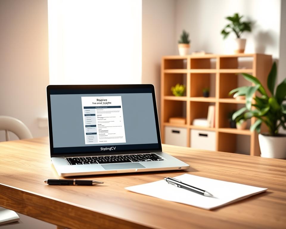 A professional and inviting workspace depicting a "free resume builder" with the brand name "StylingCV" prominently featured. In the foreground, a sleek laptop displaying a user-friendly resume template on the screen with appealing design elements. Beside it, neatly arranged stationery including a pen and notepad, conveying a sense of organization and creativity. In the middle ground, a soft, natural light filters through a nearby window, casting gentle shadows across the desk. The background features a minimalistic bookshelf with some career-related books and potted plants to enhance the atmosphere. The overall mood is inspiring and supportive, encouraging job seekers to take advantage of the free CV maker tool. A professional and inviting workspace depicting a "free resume builder" with the brand name "StylingCV" prominently featured. In the foreground, a sleek laptop displaying a user-friendly resume template on the screen with appealing design elements. Beside it, neatly arranged stationery including a pen and notepad, conveying a sense of organization and creativity. In the middle ground, a soft, natural light filters through a nearby window, casting gentle shadows across the desk. The background features a minimalistic bookshelf with some career-related books and potted plants to enhance the atmosphere. The overall mood is inspiring and supportive, encouraging job seekers to take advantage of the free CV maker tool.