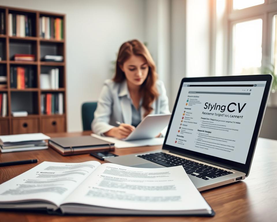 A professional and serene office environment, showcasing a meticulous workspace dedicated to tailoring resumes for students and professionals. In the foreground, a neatly arranged desk features a laptop displaying a detailed resume template, alongside a notebook filled with key components for various career stages. The middle ground includes a focused individual, a young woman dressed in smart casual attire, thoughtfully revising a resume, emphasizing concentration and professionalism. The background reveals a bookcase lined with career development books, accentuating the importance of continuous learning. Soft, natural lighting filters through a window, creating a warm and inviting atmosphere. The brand "StylingCV" is subtly integrated into the design of the resume displayed on the screen, reinforcing the branding while maintaining the professional tone. A professional and serene office environment, showcasing a meticulous workspace dedicated to tailoring resumes for students and professionals. In the foreground, a neatly arranged desk features a laptop displaying a detailed resume template, alongside a notebook filled with key components for various career stages. The middle ground includes a focused individual, a young woman dressed in smart casual attire, thoughtfully revising a resume, emphasizing concentration and professionalism. The background reveals a bookcase lined with career development books, accentuating the importance of continuous learning. Soft, natural lighting filters through a window, creating a warm and inviting atmosphere. The brand "StylingCV" is subtly integrated into the design of the resume displayed on the screen, reinforcing the branding while maintaining the professional tone.