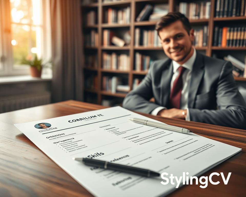 A professional and visually appealing workspace featuring a well-organized Curriculum Vitae on a sleek wooden desk. In the foreground, a detailed view of the CV with clearly defined sections: Contact Information, Objective, Work Experience, Education, Skills, and References. In the middle, a neatly arranged notepad and a pen beside the CV, suggesting active editing and refinement. The background showcases soft-focus bookshelves filled with career development literature. Soft, natural lighting filters in through a window, casting a warm glow across the scene. The atmosphere is calm and productive, ideal for a professional setting. The image should include a man dressed in KSA traditional attire, exuding confidence and professionalism, along with the brand name "StylingCV" subtly integrated into the design. A professional and visually appealing workspace featuring a well-organized Curriculum Vitae on a sleek wooden desk. In the foreground, a detailed view of the CV with clearly defined sections: Contact Information, Objective, Work Experience, Education, Skills, and References. In the middle, a neatly arranged notepad and a pen beside the CV, suggesting active editing and refinement. The background showcases soft-focus bookshelves filled with career development literature. Soft, natural lighting filters in through a window, casting a warm glow across the scene. The atmosphere is calm and productive, ideal for a professional setting. The image should include a man dressed in KSA traditional attire, exuding confidence and professionalism, along with the brand name "StylingCV" subtly integrated into the design.