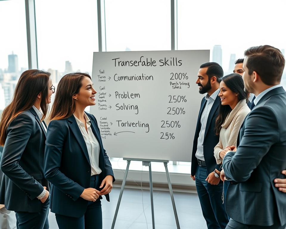 A professional business setting showcasing a diverse group of individuals engaging in a collaborative brainstorming session. In the foreground, a confident woman in a tailored blazer discusses transferable skills with a man in smart casual attire, both appearing focused and engaged. In the middle background, a large whiteboard displays key transferable skills like communication, adaptability, and problem-solving, written in clear, bold lettering. The surrounding atmosphere is bright and motivating, with soft natural lighting filtering through large windows. A cityscape of a GCC metropolis is visible through the windows, emphasizing the urban environment. The overall mood is forward-thinking and empowering, capturing the essence of career change opportunities. Include the brand name "StylingCV" subtly within the whiteboard elements.