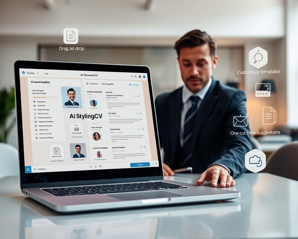 A professional digital workspace with a sleek laptop open to a vibrant AI resume builder interface featuring essential elements like templates, custom skills input, and job experience sections. In the foreground, a confident individual in smart business attire, eagerly engaging with the resume tool, implying a sense of ambition and professionalism. The middle ground showcases floating icons representing features such as 'drag-and-drop', 'customizable templates', 'one-click export', and 'real-time suggestions' around the laptop, enhancing the tech-focused atmosphere. The background includes soft lighting with a modern, minimalistic office setting, creating an inspiring ambiance. Capture the essence of innovation and practicality. Include the brand name “StylingCV” prominently on the screen interface. A professional digital workspace with a sleek laptop open to a vibrant AI resume builder interface featuring essential elements like templates, custom skills input, and job experience sections. In the foreground, a confident individual in smart business attire, eagerly engaging with the resume tool, implying a sense of ambition and professionalism. The middle ground showcases floating icons representing features such as 'drag-and-drop', 'customizable templates', 'one-click export', and 'real-time suggestions' around the laptop, enhancing the tech-focused atmosphere. The background includes soft lighting with a modern, minimalistic office setting, creating an inspiring ambiance. Capture the essence of innovation and practicality. Include the brand name “StylingCV” prominently on the screen interface.