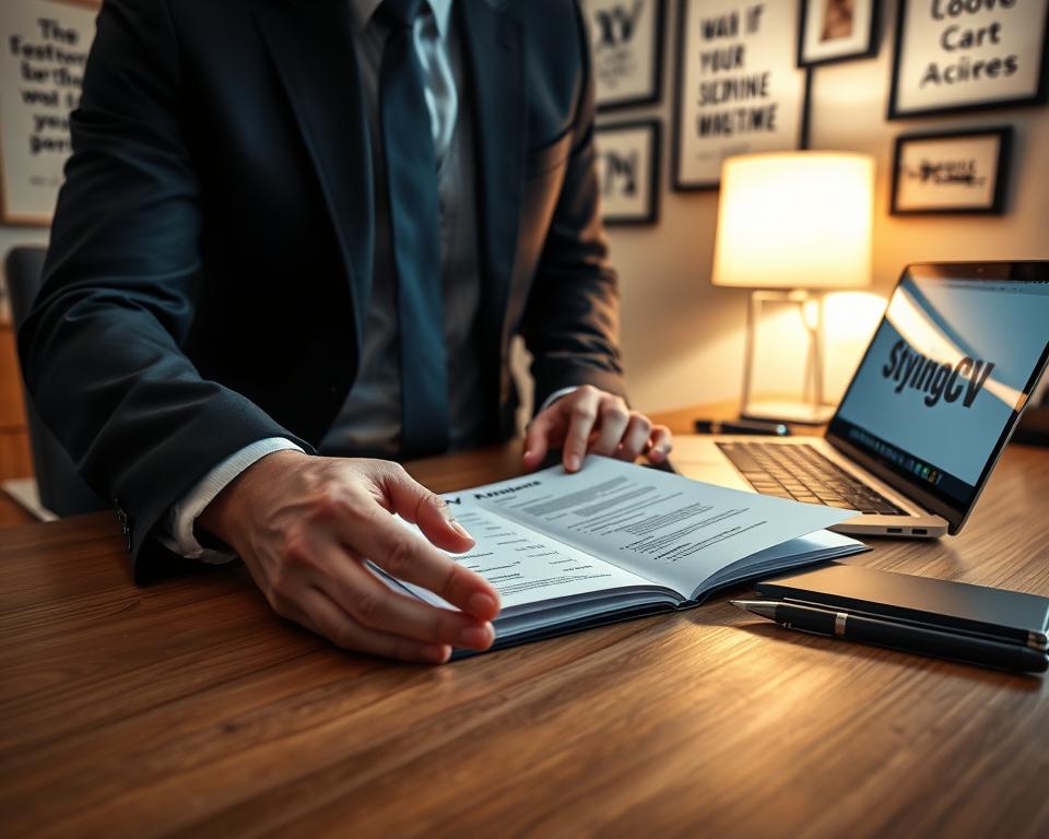 A professional individual, dressed in smart business attire, is meticulously crafting a resume on a sleek wooden desk. In the foreground, focus on their hands, gently adjusting the layout of a tailored resume, surrounded by neatly organized stationery and a laptop displaying the website "StylingCV". In the middle ground, highlight a softly glowing desk lamp that creates a warm light, enhancing the personalized touch of the resume. The background features a wall adorned with inspirational quotes and framed achievements, adding context and warmth to the scene. Soft shadows evoke a serene atmosphere, emphasizing the value of personalization in resume crafting. Use warm, inviting lighting to convey a sense of focus and dedication. A professional individual, dressed in smart business attire, is meticulously crafting a resume on a sleek wooden desk. In the foreground, focus on their hands, gently adjusting the layout of a tailored resume, surrounded by neatly organized stationery and a laptop displaying the website "StylingCV". In the middle ground, highlight a softly glowing desk lamp that creates a warm light, enhancing the personalized touch of the resume. The background features a wall adorned with inspirational quotes and framed achievements, adding context and warmth to the scene. Soft shadows evoke a serene atmosphere, emphasizing the value of personalization in resume crafting. Use warm, inviting lighting to convey a sense of focus and dedication.