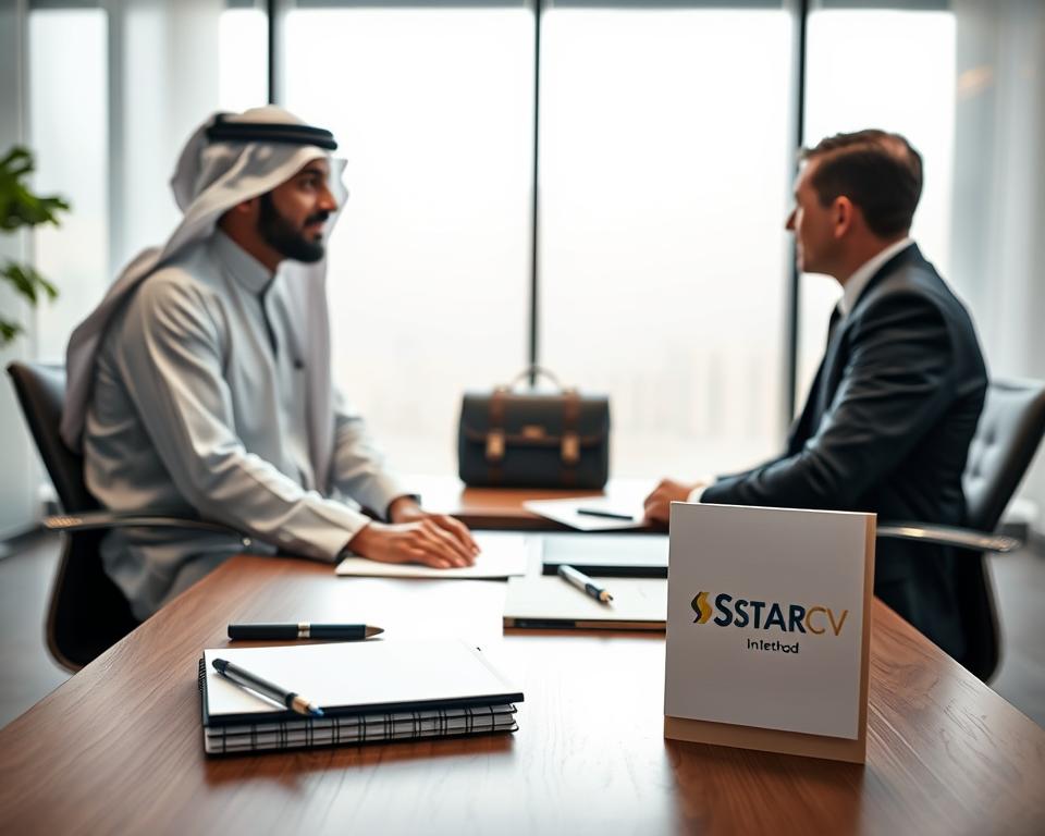 A professional interview scene set in a modern office, featuring a man dressed in traditional KSA attire, sitting across from a well-dressed interviewer in business attire. The foreground captures an engaged conversation, with the man confidently leaning slightly forward, displaying positive body language. In the middle, a table is adorned with notepads, pens, and a briefcase, hinting at the seriousness of the interview. The background features a large window with soft natural lighting streaming in, creating a warm, inviting atmosphere. The colors are muted yet professional, conveying a sense of seriousness and focus, emphasizing the STAR method concept. Perfectly composed with a slight depth of field effect, suggesting importance and clarity in their discussion. Branding subtly appears in the form of a branded notepad labeled "StylingCV" on the table. A professional interview scene set in a modern office, featuring a man dressed in traditional KSA attire, sitting across from a well-dressed interviewer in business attire. The foreground captures an engaged conversation, with the man confidently leaning slightly forward, displaying positive body language. In the middle, a table is adorned with notepads, pens, and a briefcase, hinting at the seriousness of the interview. The background features a large window with soft natural lighting streaming in, creating a warm, inviting atmosphere. The colors are muted yet professional, conveying a sense of seriousness and focus, emphasizing the STAR method concept. Perfectly composed with a slight depth of field effect, suggesting importance and clarity in their discussion. Branding subtly appears in the form of a branded notepad labeled "StylingCV" on the table.