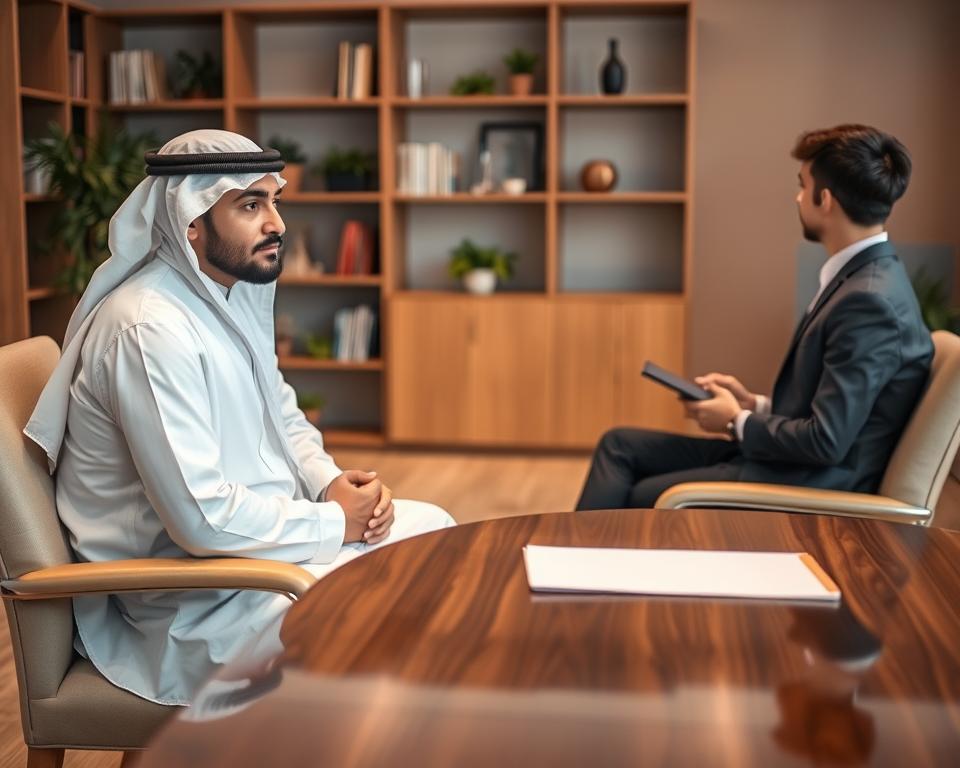 A professional interview setting, showing a polished wooden table with two chairs arranged across from each other. In the foreground, a well-dressed man wearing traditional Saudi Arabian attire, complete with a thobe and ghutrah, sits confidently, preparing for the interview. He has a thoughtful expression, conveying focus and determination. In the middle ground, a young hiring manager dressed in business attire sits across the table, holding a notepad, ready to engage. The background features a softly lit office with bookshelves and potted plants, creating a warm, inviting atmosphere. The lighting is soft and diffused, enhancing the professional ambiance. The overall mood should reflect a sense of preparation and professionalism, integral to mastering the interview question “What are your weaknesses?” Branding element: StylingCV appears subtly on the notepad. A professional interview setting, showing a polished wooden table with two chairs arranged across from each other. In the foreground, a well-dressed man wearing traditional Saudi Arabian attire, complete with a thobe and ghutrah, sits confidently, preparing for the interview. He has a thoughtful expression, conveying focus and determination. In the middle ground, a young hiring manager dressed in business attire sits across the table, holding a notepad, ready to engage. The background features a softly lit office with bookshelves and potted plants, creating a warm, inviting atmosphere. The lighting is soft and diffused, enhancing the professional ambiance. The overall mood should reflect a sense of preparation and professionalism, integral to mastering the interview question “What are your weaknesses?” Branding element: StylingCV appears subtly on the notepad.