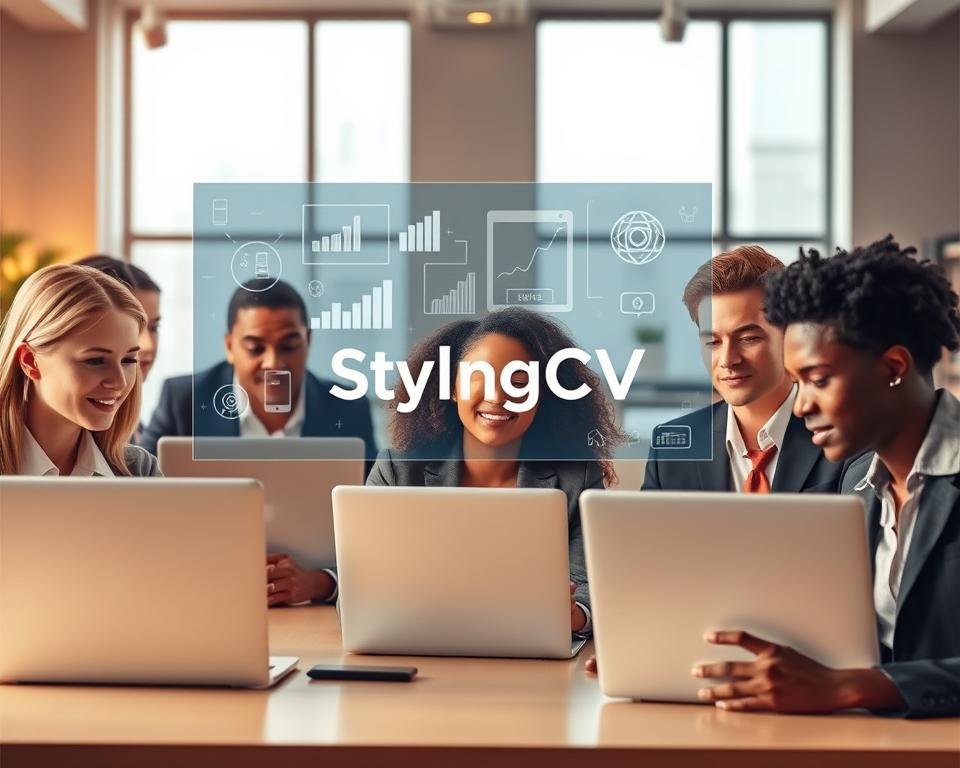 A professional office scene illustrating the concept of AI in job applications. In the foreground, a diverse group of individuals in business attire, focused on laptops displaying AI-powered resume builders. Each person shows different expressions of determination and hope, symbolizing career transition. In the middle, a digital interface with elements like graphs and AI suggestions floats above the laptops, showcasing futuristic technology. In the background, a stylish office with large windows letting in natural light, creating an optimistic atmosphere. The mood is one of innovation and empowerment, with warm lighting that softens the environment. The brand name "StylingCV" is subtly integrated within the digital interface. A professional office scene illustrating the concept of AI in job applications. In the foreground, a diverse group of individuals in business attire, focused on laptops displaying AI-powered resume builders. Each person shows different expressions of determination and hope, symbolizing career transition. In the middle, a digital interface with elements like graphs and AI suggestions floats above the laptops, showcasing futuristic technology. In the background, a stylish office with large windows letting in natural light, creating an optimistic atmosphere. The mood is one of innovation and empowerment, with warm lighting that softens the environment. The brand name "StylingCV" is subtly integrated within the digital interface.