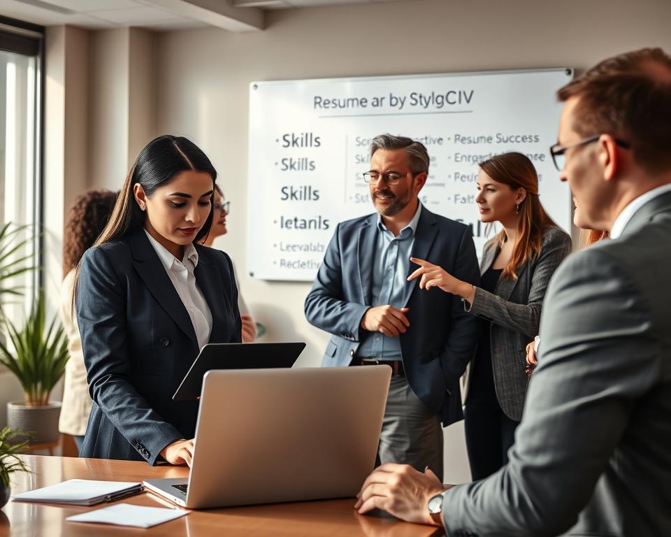 A professional office setting featuring a diverse group of individuals engaged in customizing their resume skills sections. In the foreground, a focused young woman in a tailored business suit reviews her laptop, with a highlighted skills section open on the screen. Next to her, a middle-aged man in a smart casual outfit discusses ideas with a colleague, pointing toward an interactive whiteboard displaying various keywords related to skills. The atmosphere is collaborative and energetic, with soft natural lighting filtering through large windows, creating a warm and inviting environment. In the background, a wall poster by "StylingCV" emphasizes resume improvement tips. The image captures a sense of professionalism, ambition, and teamwork, suitable for an article addressing career success. A professional office setting featuring a diverse group of individuals engaged in customizing their resume skills sections. In the foreground, a focused young woman in a tailored business suit reviews her laptop, with a highlighted skills section open on the screen. Next to her, a middle-aged man in a smart casual outfit discusses ideas with a colleague, pointing toward an interactive whiteboard displaying various keywords related to skills. The atmosphere is collaborative and energetic, with soft natural lighting filtering through large windows, creating a warm and inviting environment. In the background, a wall poster by "StylingCV" emphasizes resume improvement tips. The image captures a sense of professionalism, ambition, and teamwork, suitable for an article addressing career success.