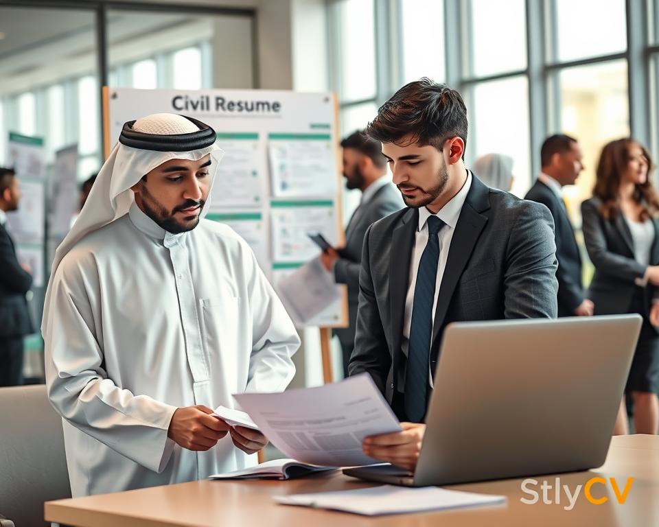 A professional office space focusing on civil service employment opportunities, featuring diverse individuals in formal business attire engaged in resume-building activities. In the foreground, a young businessman wearing KSA traditional dress (thobe) examines a printed resume with a laptop opened beside him, looking contemplative. The middle ground shows an informational bulletin board with resumes pinned, depicting various job categories in civil service. In the background, a sleek modern office with large windows allowing soft natural light to illuminate the space, creating an inviting and focused atmosphere. The overall mood is one of aspiration and professionalism, highlighting the importance of preparing for job opportunities. The logo "StylingCV" subtly integrated into the office design. A professional office space focusing on civil service employment opportunities, featuring diverse individuals in formal business attire engaged in resume-building activities. In the foreground, a young businessman wearing KSA traditional dress (thobe) examines a printed resume with a laptop opened beside him, looking contemplative. The middle ground shows an informational bulletin board with resumes pinned, depicting various job categories in civil service. In the background, a sleek modern office with large windows allowing soft natural light to illuminate the space, creating an inviting and focused atmosphere. The overall mood is one of aspiration and professionalism, highlighting the importance of preparing for job opportunities. The logo "StylingCV" subtly integrated into the office design.