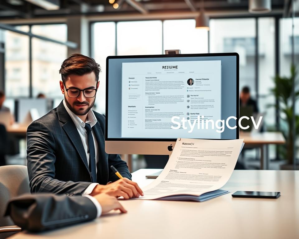 A professional resume scene showcasing ATS optimization with a focus on 2025 job market trends. In the foreground, a well-dressed individual in business attire is reviewing a polished resume on a sleek, modern desk. The middle view features a computer screen displaying a visually appealing resume template, with clear sections and keywords highlighted. The background includes a bustling office environment with soft, natural lighting streaming through large windows, creating a productive atmosphere. A stylish branding element displaying "StylingCV" is subtly incorporated into the design. The overall mood is dynamic and professional, emphasizing innovation in resume design for contemporary job seekers. A professional resume scene showcasing ATS optimization with a focus on 2025 job market trends. In the foreground, a well-dressed individual in business attire is reviewing a polished resume on a sleek, modern desk. The middle view features a computer screen displaying a visually appealing resume template, with clear sections and keywords highlighted. The background includes a bustling office environment with soft, natural lighting streaming through large windows, creating a productive atmosphere. A stylish branding element displaying "StylingCV" is subtly incorporated into the design. The overall mood is dynamic and professional, emphasizing innovation in resume design for contemporary job seekers.