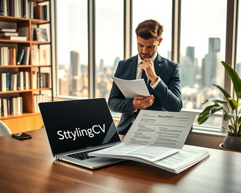 A professional scene illustrating the concept of a "career stage resume approach." In the foreground, a stylish, modern office desk showcases a sleek laptop displaying the branding "StylingCV." A half-finished resume is printed on high-quality paper beside the laptop. In the middle ground, a business professional, dressed in smart attire, is thoughtfully reviewing their resume, deep in concentration, with expression reflecting determination and optimism. The background features a well-organized bookshelf filled with books and career guides, with a large window offering a view of a city skyline, indicating ambition and growth. Soft, natural lighting filters through the window, casting warm, inviting shadows, creating a balanced, inspiring atmosphere that conveys the importance of career development decisions. A professional scene illustrating the concept of a "career stage resume approach." In the foreground, a stylish, modern office desk showcases a sleek laptop displaying the branding "StylingCV." A half-finished resume is printed on high-quality paper beside the laptop. In the middle ground, a business professional, dressed in smart attire, is thoughtfully reviewing their resume, deep in concentration, with expression reflecting determination and optimism. The background features a well-organized bookshelf filled with books and career guides, with a large window offering a view of a city skyline, indicating ambition and growth. Soft, natural lighting filters through the window, casting warm, inviting shadows, creating a balanced, inspiring atmosphere that conveys the importance of career development decisions.