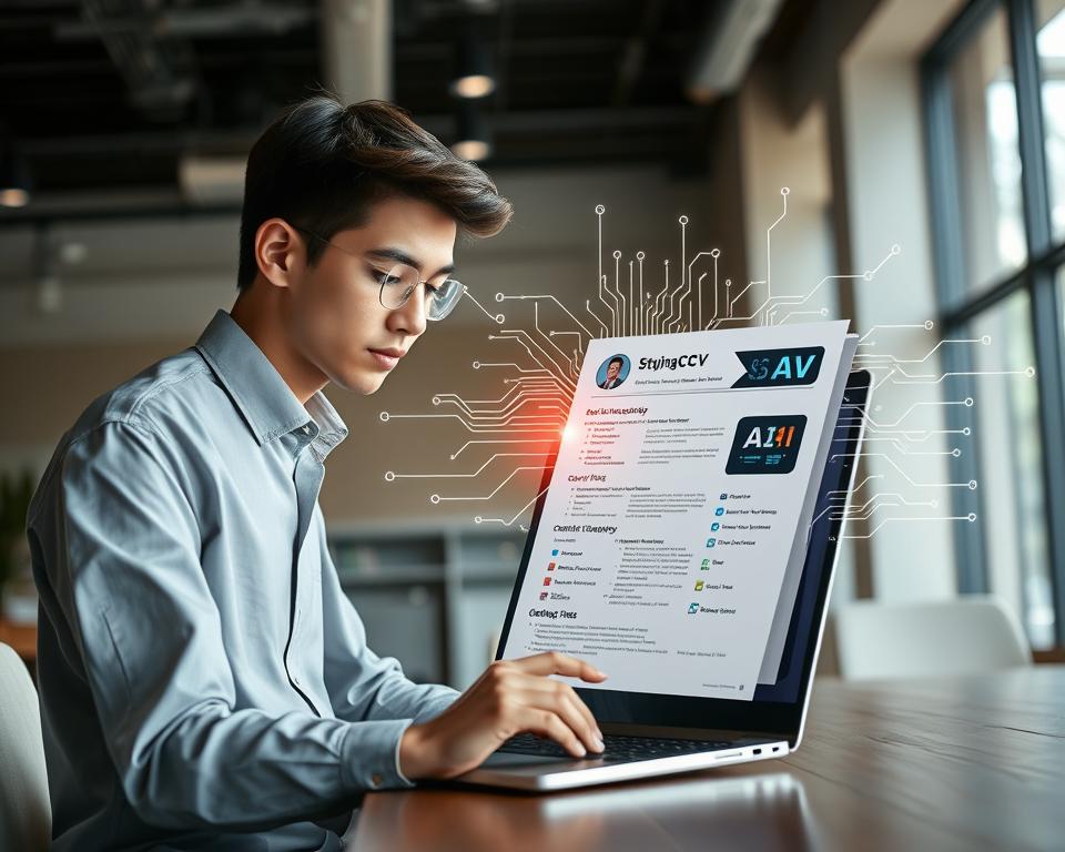 A professional setting showcasing an AI-driven resume writing process. In the foreground, a young student dressed in smart casual attire analyzes a stylish digital resume on a sleek laptop, displaying dynamic graphics and AI elements. In the middle, an abstract representation of AI technology, such as circuit patterns and light trails, intertwines with the resume, symbolizing innovation and ease of use. The background features a modern office environment with minimalistic decor, soft natural light filtering through large windows, creating an inviting atmosphere. The scene reflects a sense of progress and empowerment in career development, highlighting the impact of AI tools like "StylingCV" in transforming traditional resume writing. A professional setting showcasing an AI-driven resume writing process. In the foreground, a young student dressed in smart casual attire analyzes a stylish digital resume on a sleek laptop, displaying dynamic graphics and AI elements. In the middle, an abstract representation of AI technology, such as circuit patterns and light trails, intertwines with the resume, symbolizing innovation and ease of use. The background features a modern office environment with minimalistic decor, soft natural light filtering through large windows, creating an inviting atmosphere. The scene reflects a sense of progress and empowerment in career development, highlighting the impact of AI tools like "StylingCV" in transforming traditional resume writing.