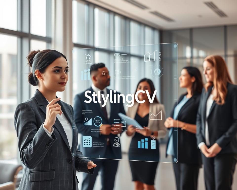 A professional setting where a diverse group of individuals in smart business attire are engaging with a holographic AI interface, representing a futuristic AI resume builder. In the foreground, a young woman is manipulating the holographic interface with a thoughtful expression, selecting options to customize her resume. In the middle, two colleagues are discussing their career transitions, with digital charts and icons around them illustrating job market trends and opportunities. The background features a sleek, modern office with large windows allowing natural light to pour in, creating an optimistic and inspiring atmosphere. The branding "StylingCV" should be subtly integrated into the holographic display. The lighting is bright and encouraging, enhancing the mood of innovation and opportunity. A professional setting where a diverse group of individuals in smart business attire are engaging with a holographic AI interface, representing a futuristic AI resume builder. In the foreground, a young woman is manipulating the holographic interface with a thoughtful expression, selecting options to customize her resume. In the middle, two colleagues are discussing their career transitions, with digital charts and icons around them illustrating job market trends and opportunities. The background features a sleek, modern office with large windows allowing natural light to pour in, creating an optimistic and inspiring atmosphere. The branding "StylingCV" should be subtly integrated into the holographic display. The lighting is bright and encouraging, enhancing the mood of innovation and opportunity.