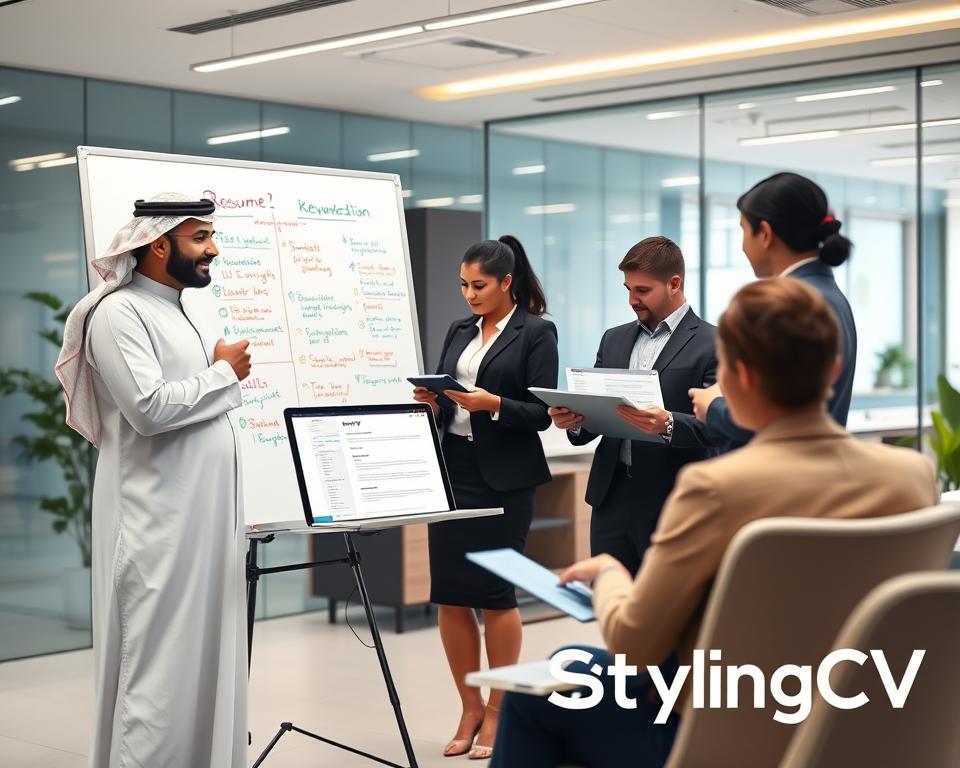 A professional, sleek office environment serves as the setting, showcasing a diverse group of individuals engaged in a collaborative brainstorming session centered around resume optimization techniques for Applicant Tracking Systems (ATS). In the foreground, a well-dressed man in traditional KSA attire stands by a large, clear whiteboard filled with colorful annotations and strategies related to keyword optimization. In the middle ground, a woman in business attire examines an open laptop displaying a mockup of a well-designed resume, while another colleague looks on, taking notes. The background features a bright, modern office space with ambient natural lighting, enhancing focus and creativity. The overall atmosphere is dynamic and professional, emphasizing the importance of effective resume strategies in achieving career success. The branding "StylingCV" is subtly integrated into the scene, enhancing the visual narrative without distractions. A professional, sleek office environment serves as the setting, showcasing a diverse group of individuals engaged in a collaborative brainstorming session centered around resume optimization techniques for Applicant Tracking Systems (ATS). In the foreground, a well-dressed man in traditional KSA attire stands by a large, clear whiteboard filled with colorful annotations and strategies related to keyword optimization. In the middle ground, a woman in business attire examines an open laptop displaying a mockup of a well-designed resume, while another colleague looks on, taking notes. The background features a bright, modern office space with ambient natural lighting, enhancing focus and creativity. The overall atmosphere is dynamic and professional, emphasizing the importance of effective resume strategies in achieving career success. The branding "StylingCV" is subtly integrated into the scene, enhancing the visual narrative without distractions.