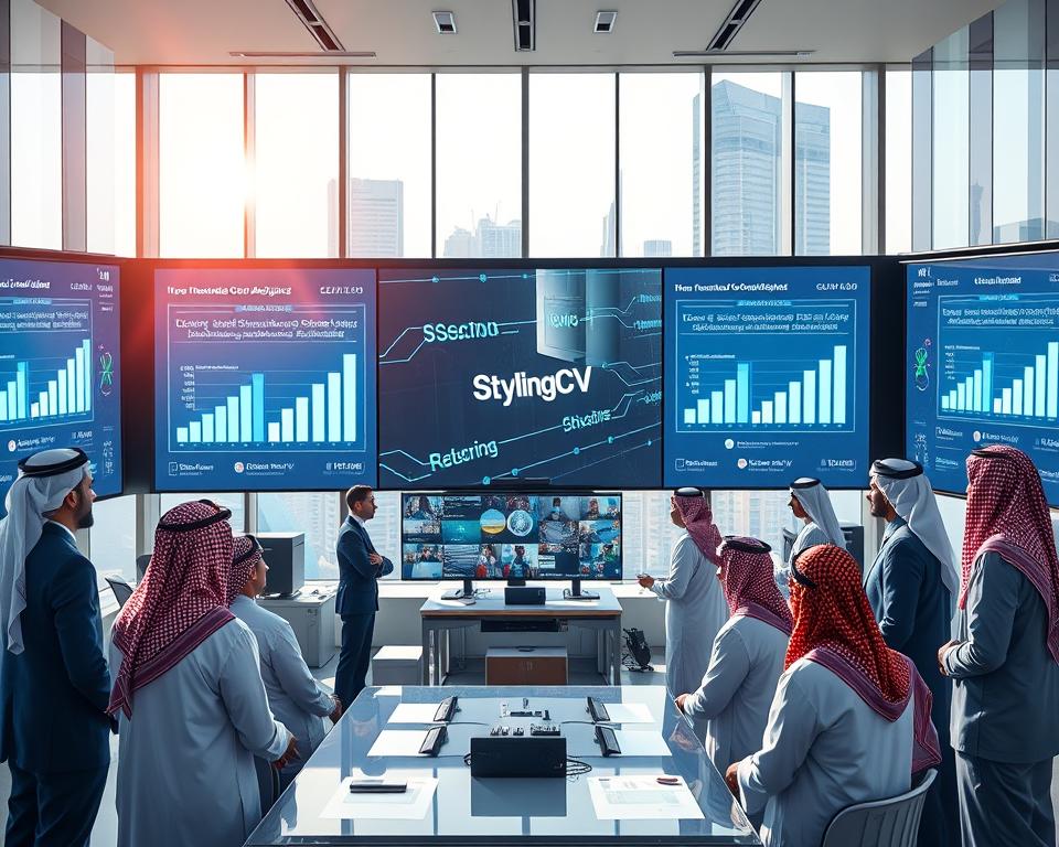 A professional, vibrant scene illustrating "AI job application success stories." In the foreground, a diverse group of job seekers in business attire, including men in traditional KSA dress, are engaged in a dynamic virtual meeting on large screens displaying success graphs and AI applications for resumes. In the middle ground, a futuristic office setting filled with high-tech equipment and glowing digital interfaces showcasing the brand "StylingCV" logo. The background features a sleek city skyline through glass windows under bright, natural light to create an optimistic and inspiring atmosphere. The mood is one of innovation and hope, reflecting the future of job applications enhanced by AI technology.