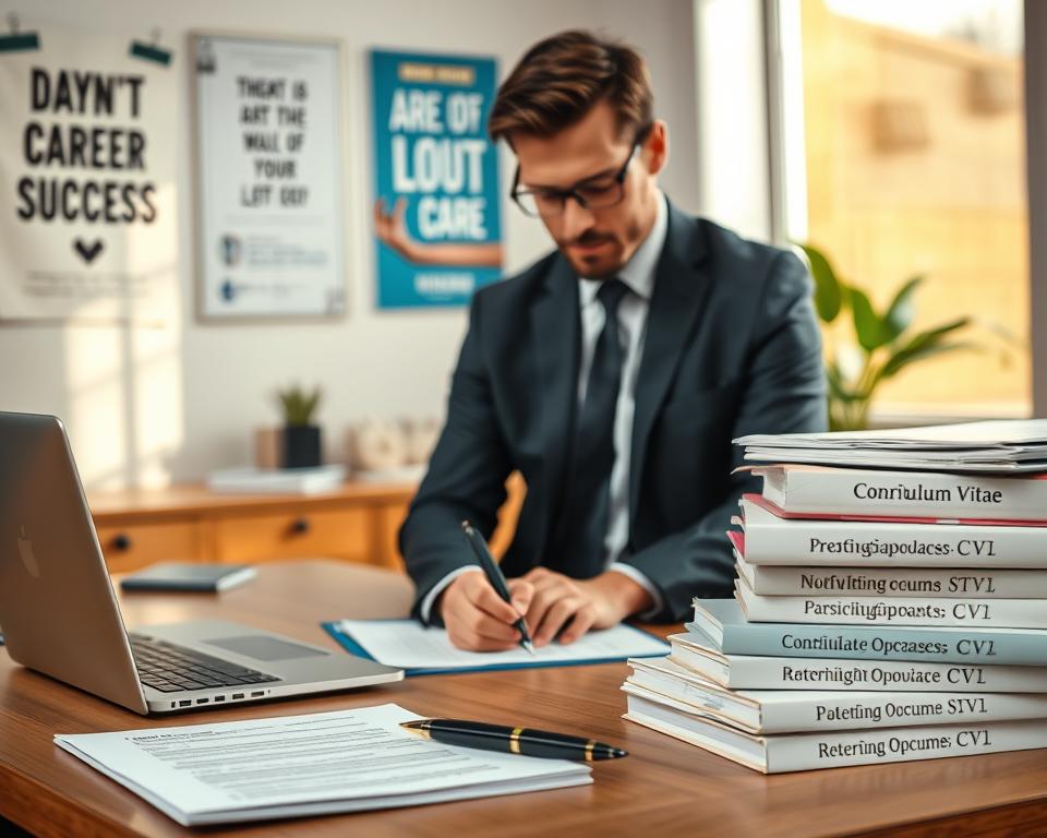 A professional workspace environment showcasing a well-organized desk with a laptop, a notepad, and a stylish pen, symbolizing the art of writing professional career documents. In the foreground, a man dressed in traditional KSA attire (thobe and ghutrah) is focused on crafting his Curriculum Vitae, with a confident expression that conveys professionalism. The middle ground features a stack of polished resumes and reference books titled "StylingCV". The background displays a softly blurred office setting with motivational posters related to career success and a window letting in warm, natural light, creating an inviting and encouraging atmosphere. Overall, the composition embodies a serious yet optimistic mood, suitable for an introduction to a career documentation guide. A professional workspace environment showcasing a well-organized desk with a laptop, a notepad, and a stylish pen, symbolizing the art of writing professional career documents. In the foreground, a man dressed in traditional KSA attire (thobe and ghutrah) is focused on crafting his Curriculum Vitae, with a confident expression that conveys professionalism. The middle ground features a stack of polished resumes and reference books titled "StylingCV". The background displays a softly blurred office setting with motivational posters related to career success and a window letting in warm, natural light, creating an inviting and encouraging atmosphere. Overall, the composition embodies a serious yet optimistic mood, suitable for an introduction to a career documentation guide.