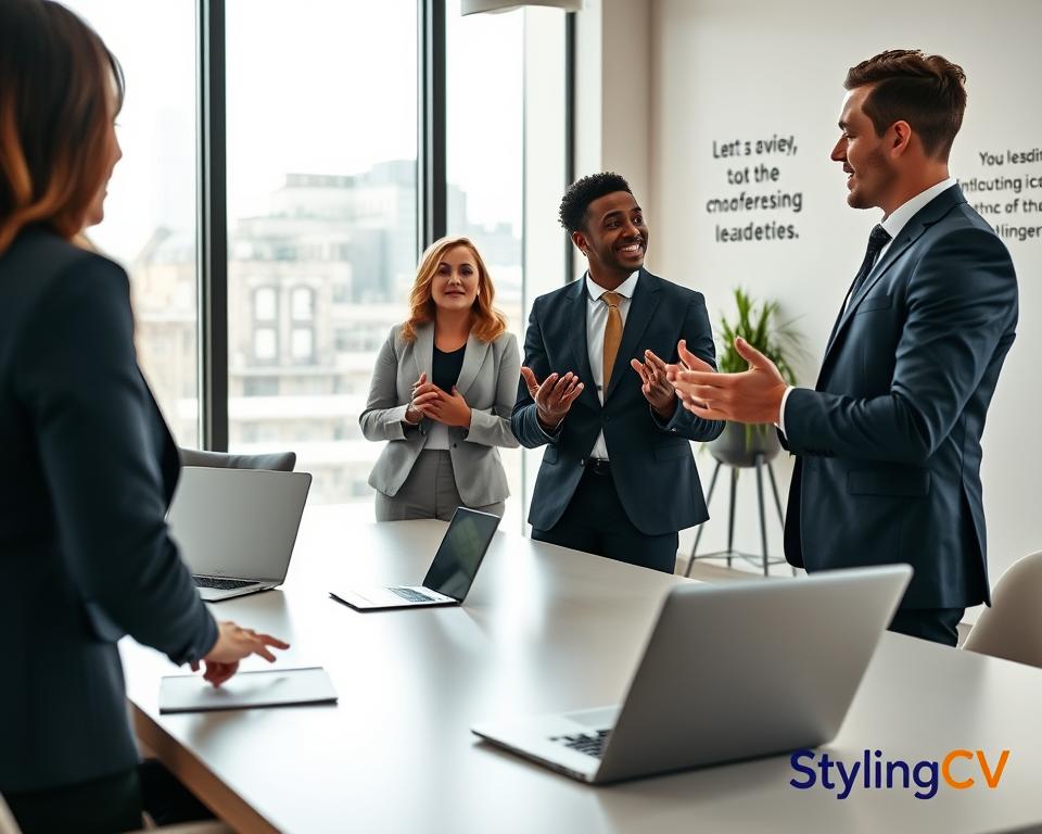 A professional workspace featuring a diverse group of three individuals engaged in a dynamic conversation, showcasing effective communication and leadership skills. In the foreground, a woman in a smart blazer and a man in a tailored suit are exchanging ideas, with expressive body language and gestures that highlight collaboration. The middle ground displays a large table with laptops and notepads, symbolizing a brainstorming session. The background features a modern office environment with inspirational quotes on the walls and large windows allowing soft, natural light to flow in, creating an inviting and productive atmosphere. The overall mood is one of professionalism, teamwork, and motivation. The image reflects the essence of soft skills in leadership and communication, branded subtly with "StylingCV" in the corner. A professional workspace featuring a diverse group of three individuals engaged in a dynamic conversation, showcasing effective communication and leadership skills. In the foreground, a woman in a smart blazer and a man in a tailored suit are exchanging ideas, with expressive body language and gestures that highlight collaboration. The middle ground displays a large table with laptops and notepads, symbolizing a brainstorming session. The background features a modern office environment with inspirational quotes on the walls and large windows allowing soft, natural light to flow in, creating an inviting and productive atmosphere. The overall mood is one of professionalism, teamwork, and motivation. The image reflects the essence of soft skills in leadership and communication, branded subtly with "StylingCV" in the corner.