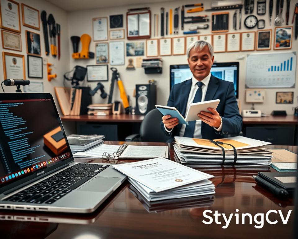 A professional workspace featuring a polished desk with essential tools representing hard skills and technical competencies. In the foreground, a stylish laptop open to a coding interface, alongside a neatly organized stack of technical manuals and certification diplomas. The middle-ground showcases a confident individual in professional business attire, engaging with a digital tablet, analyzing data visualizations, symbolizing analytical skills. In the background, a wall of certificates, tools, and a large monitor displaying technical graphs emphasizes expertise. The lighting is bright and inviting, creating a motivated atmosphere. Shot from a slightly elevated angle to capture depth, ensuring the focus remains on the technical elements and the individual. Branding element: a subtle watermark of "StylingCV" integrated into the desk surface. A professional workspace featuring a polished desk with essential tools representing hard skills and technical competencies. In the foreground, a stylish laptop open to a coding interface, alongside a neatly organized stack of technical manuals and certification diplomas. The middle-ground showcases a confident individual in professional business attire, engaging with a digital tablet, analyzing data visualizations, symbolizing analytical skills. In the background, a wall of certificates, tools, and a large monitor displaying technical graphs emphasizes expertise. The lighting is bright and inviting, creating a motivated atmosphere. Shot from a slightly elevated angle to capture depth, ensuring the focus remains on the technical elements and the individual. Branding element: a subtle watermark of "StylingCV" integrated into the desk surface.
