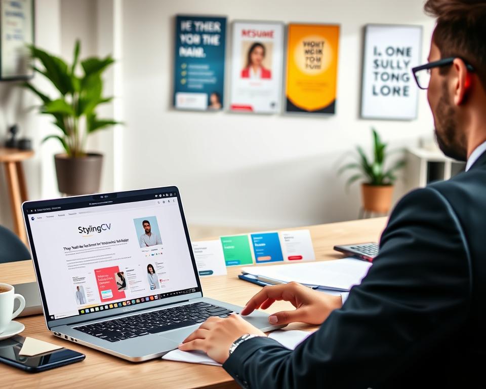 A professional workspace featuring a sleek laptop displaying the homepage of "StylingCV," a popular free AI resume builder. In the foreground, an individual in smart business attire is seated at the desk, intently reviewing the website, surrounded by notes and a cup of coffee. The middle ground shows a well-organized array of colorful resumes in various formats, highlighting the diverse options available through the tool. The background features a well-lit modern office with motivational posters and a potted plant, creating a productive atmosphere. Soft, natural lighting enhances the inviting mood, while a camera angle captures the desk scene from slightly above, providing an overview of the workspace. The overall ambiance is one of focus and inspiration, ideal for reviewing resume-building tools. A professional workspace featuring a sleek laptop displaying the homepage of "StylingCV," a popular free AI resume builder. In the foreground, an individual in smart business attire is seated at the desk, intently reviewing the website, surrounded by notes and a cup of coffee. The middle ground shows a well-organized array of colorful resumes in various formats, highlighting the diverse options available through the tool. The background features a well-lit modern office with motivational posters and a potted plant, creating a productive atmosphere. Soft, natural lighting enhances the inviting mood, while a camera angle captures the desk scene from slightly above, providing an overview of the workspace. The overall ambiance is one of focus and inspiration, ideal for reviewing resume-building tools.
