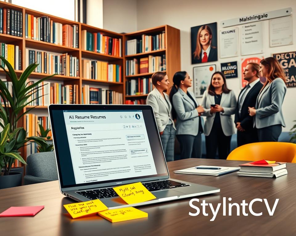 A professional workspace featuring a vivid scene centered around effective AI resume strategies. In the foreground, a sleek laptop displays a well-structured resume and notes about using ChatGPT, surrounded by a few colorful sticky notes with key points. To the right, a diverse group of individuals dressed in professional business attire is engaged in a discussion, emphasizing collaboration and innovation. In the background, bookshelves filled with career development books and motivational posters on the wall create an inspiring work atmosphere. Soft, natural lighting filters through a large window, casting a warm glow that enhances the focused mood. The brand name "StylingCV" is subtly integrated into the design elements, representing modern and effective resume strategies. A professional workspace featuring a vivid scene centered around effective AI resume strategies. In the foreground, a sleek laptop displays a well-structured resume and notes about using ChatGPT, surrounded by a few colorful sticky notes with key points. To the right, a diverse group of individuals dressed in professional business attire is engaged in a discussion, emphasizing collaboration and innovation. In the background, bookshelves filled with career development books and motivational posters on the wall create an inspiring work atmosphere. Soft, natural lighting filters through a large window, casting a warm glow that enhances the focused mood. The brand name "StylingCV" is subtly integrated into the design elements, representing modern and effective resume strategies.