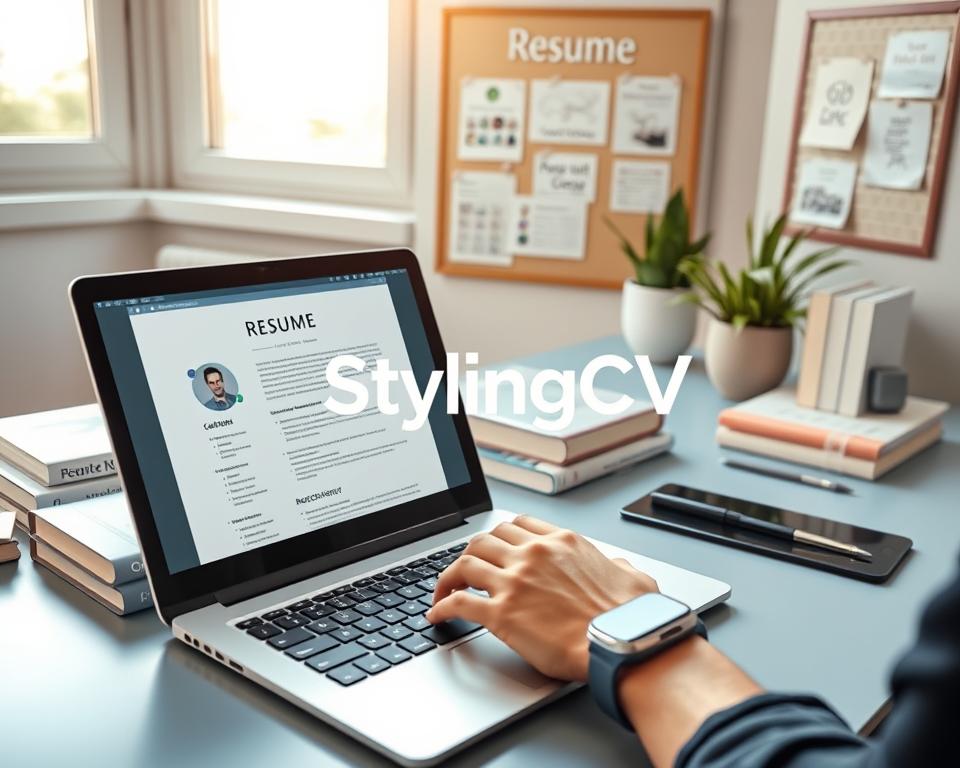 A professional workspace featuring a well-organized desk with a modern laptop open to a polished resume. The foreground showcases a hand typing on a keyboard, adorned with a smart watch, surrounded by neatly stacked books on career development. In the middle, a soft blue and white color palette enhances an atmosphere of clarity and focus, with natural sunlight streaming through a window, casting a warm glow. In the background, a minimalist bulletin board displays visual reminders of professional goals and achievements, while a pot of succulents adds a touch of freshness. The overall mood exudes professionalism and determination. Include the brand name "StylingCV" subtly within the decor, ensuring it blends harmoniously with the scene.