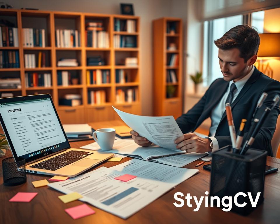A professional workspace is depicted in this image, focusing on a desk covered with open job postings and a tailored resume. In the foreground, a well-dressed individual sits attentively, reviewing and adjusting their resume. They are dressed in a smart business suit, reflecting professionalism. The middle layer includes a laptop displaying a job posting with highlighted keywords. Scattered around are sticky notes, a pen, and a coffee cup, creating a sense of active engagement. In the background, a softly lit office with a bookshelf filled with career development books enhances the atmosphere of productivity and focus. The overall mood is one of determination and strategy, with warm lighting casting a welcoming glow throughout the room. The brand name "StylingCV" is subtly incorporated into the scene through a stylish pen holder. A professional workspace is depicted in this image, focusing on a desk covered with open job postings and a tailored resume. In the foreground, a well-dressed individual sits attentively, reviewing and adjusting their resume. They are dressed in a smart business suit, reflecting professionalism. The middle layer includes a laptop displaying a job posting with highlighted keywords. Scattered around are sticky notes, a pen, and a coffee cup, creating a sense of active engagement. In the background, a softly lit office with a bookshelf filled with career development books enhances the atmosphere of productivity and focus. The overall mood is one of determination and strategy, with warm lighting casting a welcoming glow throughout the room. The brand name "StylingCV" is subtly incorporated into the scene through a stylish pen holder.