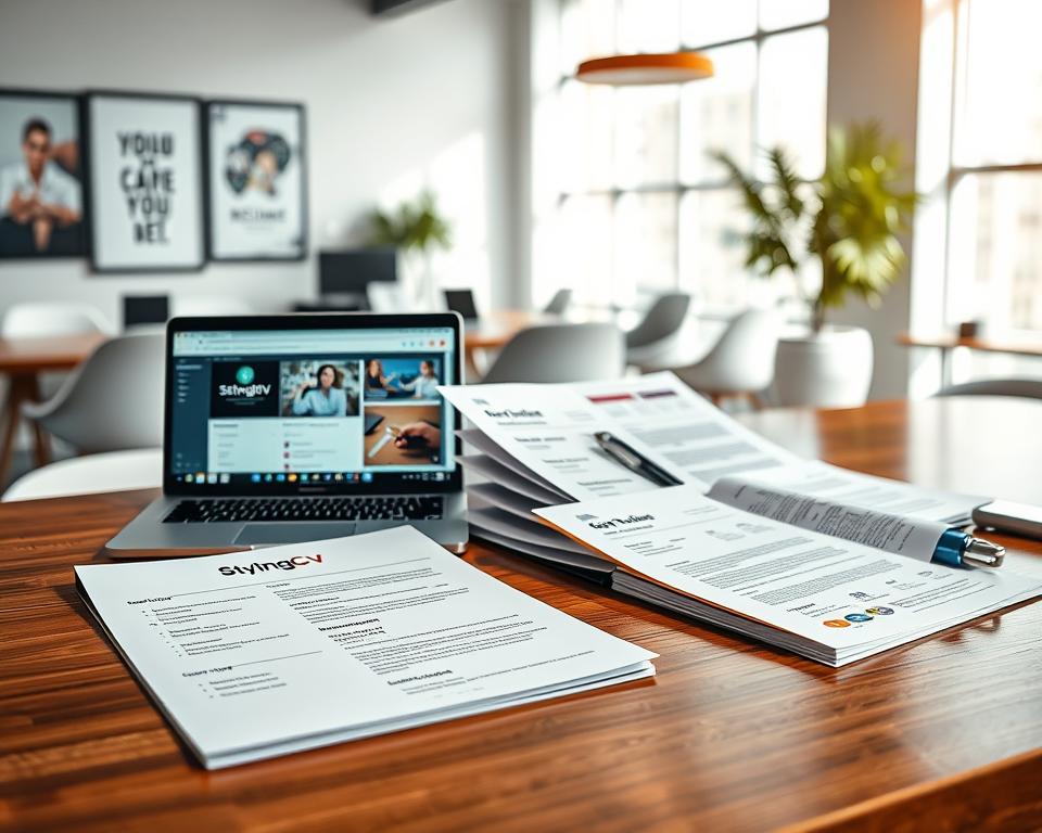 A professional workspace scene depicting customized career documents, including elegant resumes and cover letters artistically arranged on a polished wooden desk. In the foreground, a stylish resume with the brand name "StylingCV" prominently displayed. Beside it, an open laptop showcasing a resume-building interface with vibrant graphics, hinting at tailor-made solutions. In the middle, an organized folder with various documents labeled "Career Progress" and "Personal Branding." The background features a soft-focus view of a modern office with motivational decor and soft natural lighting streaming in through large windows, creating an inspiring atmosphere. The mood conveys professionalism and creativity, ideal for career success. A professional workspace scene depicting customized career documents, including elegant resumes and cover letters artistically arranged on a polished wooden desk. In the foreground, a stylish resume with the brand name "StylingCV" prominently displayed. Beside it, an open laptop showcasing a resume-building interface with vibrant graphics, hinting at tailor-made solutions. In the middle, an organized folder with various documents labeled "Career Progress" and "Personal Branding." The background features a soft-focus view of a modern office with motivational decor and soft natural lighting streaming in through large windows, creating an inspiring atmosphere. The mood conveys professionalism and creativity, ideal for career success.