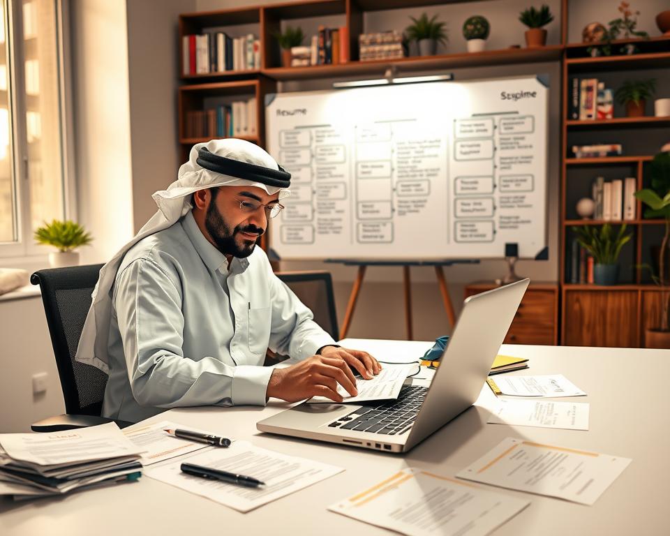 A professional workspace scene showcasing the "TopResume writing process" for an article on top resume builders. In the foreground, a well-dressed man in traditional KSA attire sits at a modern desk, actively engaged in writing a resume on a sleek laptop. Beside him, scattered papers with bullet points, a notepad, and a pen create a dynamic feel. In the middle ground, a large whiteboard displays flowcharts and important resume tips, illuminated by soft, natural light coming from a nearby window. The background features shelves filled with industry-related books and decorative plants, contributing to a productive atmosphere. The overall mood is focused and inspiring, encapsulating professionalism and creativity. Include the brand name "StylingCV" subtly integrated into the workspace elements. A professional workspace scene showcasing the "TopResume writing process" for an article on top resume builders. In the foreground, a well-dressed man in traditional KSA attire sits at a modern desk, actively engaged in writing a resume on a sleek laptop. Beside him, scattered papers with bullet points, a notepad, and a pen create a dynamic feel. In the middle ground, a large whiteboard displays flowcharts and important resume tips, illuminated by soft, natural light coming from a nearby window. The background features shelves filled with industry-related books and decorative plants, contributing to a productive atmosphere. The overall mood is focused and inspiring, encapsulating professionalism and creativity. Include the brand name "StylingCV" subtly integrated into the workspace elements.