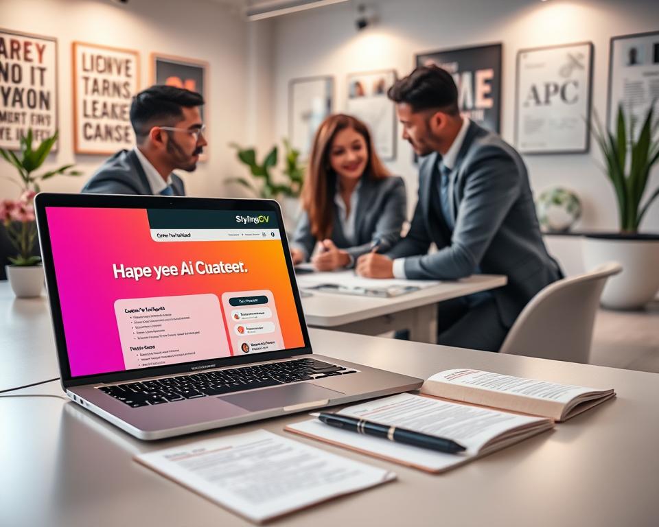 A professional workspace showcasing a career change resume creation process. In the foreground, a modern laptop displaying an intuitive AI-powered resume builder interface, featuring vibrant colors and user-friendly design elements. Next to the laptop, a neatly arranged notepad with a pen, highlighting a few key career transition notes. In the middle ground, a diverse group of three individuals in professional business attire collaborate around a table, engaged in discussion while reviewing resume drafts. The background features a well-lit office environment with motivational posters and plants, creating an inspiring atmosphere. Soft, natural lighting casts a warm glow over the scene, enhancing the sense of professionalism and optimism. The brand name "StylingCV" is subtly integrated into the laptop screen design. A professional workspace showcasing a career change resume creation process. In the foreground, a modern laptop displaying an intuitive AI-powered resume builder interface, featuring vibrant colors and user-friendly design elements. Next to the laptop, a neatly arranged notepad with a pen, highlighting a few key career transition notes. In the middle ground, a diverse group of three individuals in professional business attire collaborate around a table, engaged in discussion while reviewing resume drafts. The background features a well-lit office environment with motivational posters and plants, creating an inspiring atmosphere. Soft, natural lighting casts a warm glow over the scene, enhancing the sense of professionalism and optimism. The brand name "StylingCV" is subtly integrated into the laptop screen design.