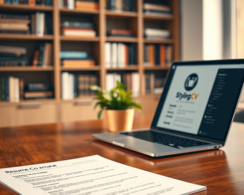 A professional workspace showcasing a neatly formatted resume for ATS compatibility. In the foreground, a well-structured resume displayed on a polished wooden desk, featuring clear headings, bullet points, and standard fonts. A laptop is open beside the resume, showing a friendly user interface with a logo of "StylingCV" prominent on the screen. In the middle, a soft-focus view of a potted plant adds a touch of greenery, symbolizing growth in career opportunities. In the background, blurred shelves filled with books on career development and personal branding create an academic atmosphere. The lighting is warm and inviting, casting soft shadows, enhancing the professional mood. The angle is slightly elevated, giving a broad view of the workspace. The scene conveys a sense of clarity, organization, and professionalism ideal for ATS-focused resume building. A professional workspace showcasing a neatly formatted resume for ATS compatibility. In the foreground, a well-structured resume displayed on a polished wooden desk, featuring clear headings, bullet points, and standard fonts. A laptop is open beside the resume, showing a friendly user interface with a logo of "StylingCV" prominent on the screen. In the middle, a soft-focus view of a potted plant adds a touch of greenery, symbolizing growth in career opportunities. In the background, blurred shelves filled with books on career development and personal branding create an academic atmosphere. The lighting is warm and inviting, casting soft shadows, enhancing the professional mood. The angle is slightly elevated, giving a broad view of the workspace. The scene conveys a sense of clarity, organization, and professionalism ideal for ATS-focused resume building.