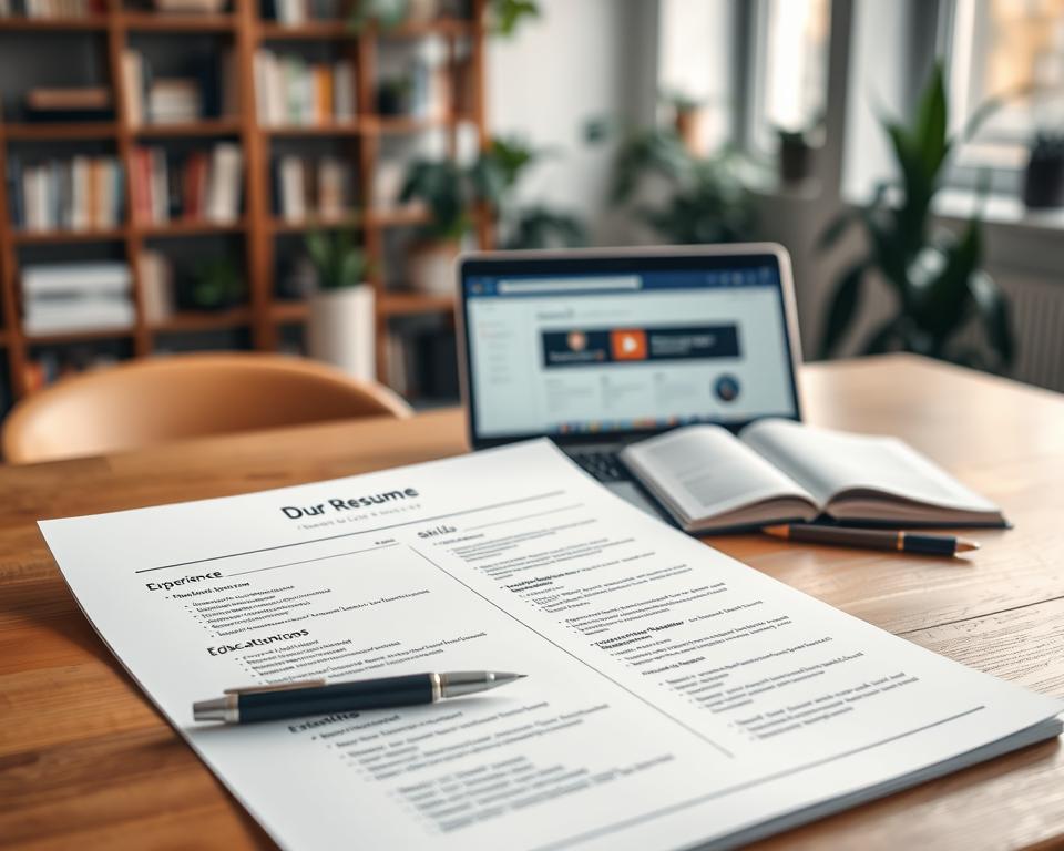 A sleek and modern ATS-friendly resume layout displayed prominently on a wooden desk. The foreground features an elegantly formatted resume {StylingCV} with organized sections for experience, skills, and education, showcasing clean fonts and ample white space for readability. In the middle ground, an open laptop with a job search website is subtly visible, alongside a stylish pen and a notepad filled with ideas. The background is softly blurred, revealing a well-lit home office with bookshelves and plants, conveying a professional and inspiring atmosphere. The lighting is warm and inviting, enhancing the clarity of the resume while casting gentle shadows. The overall mood is focused and motivating, perfect for someone embarking on their job search journey. A sleek and modern ATS-friendly resume layout displayed prominently on a wooden desk. The foreground features an elegantly formatted resume {StylingCV} with organized sections for experience, skills, and education, showcasing clean fonts and ample white space for readability. In the middle ground, an open laptop with a job search website is subtly visible, alongside a stylish pen and a notepad filled with ideas. The background is softly blurred, revealing a well-lit home office with bookshelves and plants, conveying a professional and inspiring atmosphere. The lighting is warm and inviting, enhancing the clarity of the resume while casting gentle shadows. The overall mood is focused and motivating, perfect for someone embarking on their job search journey.