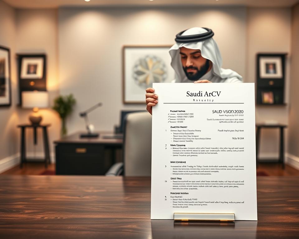 A sleek and modern Saudi Arabia resume layout designed for the Vision 2030 initiative, featuring a clean, professional edge. In the foreground, a well-structured resume highlights key sections like personal information, education, work experience, and skills, presented in a sophisticated font. In the middle ground, an elegant and imposing dark wood desk serves as the base, with a traditional KSA attire-clad individual thoughtfully reviewing the resume, embodying professionalism and respect for local culture. The background showcases a tastefully decorated office space with muted, neutral tones, soft lighting creating a warm and inviting atmosphere. Incorporate the brand name "StylingCV" subtly into the layout. The overall mood is one of ambition and professionalism, perfectly aligning with the concept of a Saudi-compatible resume.