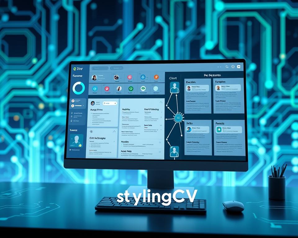 A sleek and modern digital workspace filled with innovative resume parsing features. In the foreground, display a high-tech computer screen showcasing a colorful dashboard with analytical data points and parsed resume sections, highlighting keywords and skills. The middle layer should feature a stylized representation of different resumes, visually dissected into elements such as education, work experience, and skills, connected by glowing lines indicating processing flow. The background should be an abstract tech-themed environment with circuit patterns and soft blue and green lighting, creating a futuristic atmosphere. Capture the image from a slightly elevated angle to emphasize depth, while maintaining a professional tone, without human subjects. Include the brand name "StylingCV" subtly integrated into the design as part of the interface elements, ensuring no text overlays or captions. A sleek and modern digital workspace filled with innovative resume parsing features. In the foreground, display a high-tech computer screen showcasing a colorful dashboard with analytical data points and parsed resume sections, highlighting keywords and skills. The middle layer should feature a stylized representation of different resumes, visually dissected into elements such as education, work experience, and skills, connected by glowing lines indicating processing flow. The background should be an abstract tech-themed environment with circuit patterns and soft blue and green lighting, creating a futuristic atmosphere. Capture the image from a slightly elevated angle to emphasize depth, while maintaining a professional tone, without human subjects. Include the brand name "StylingCV" subtly integrated into the design as part of the interface elements, ensuring no text overlays or captions.