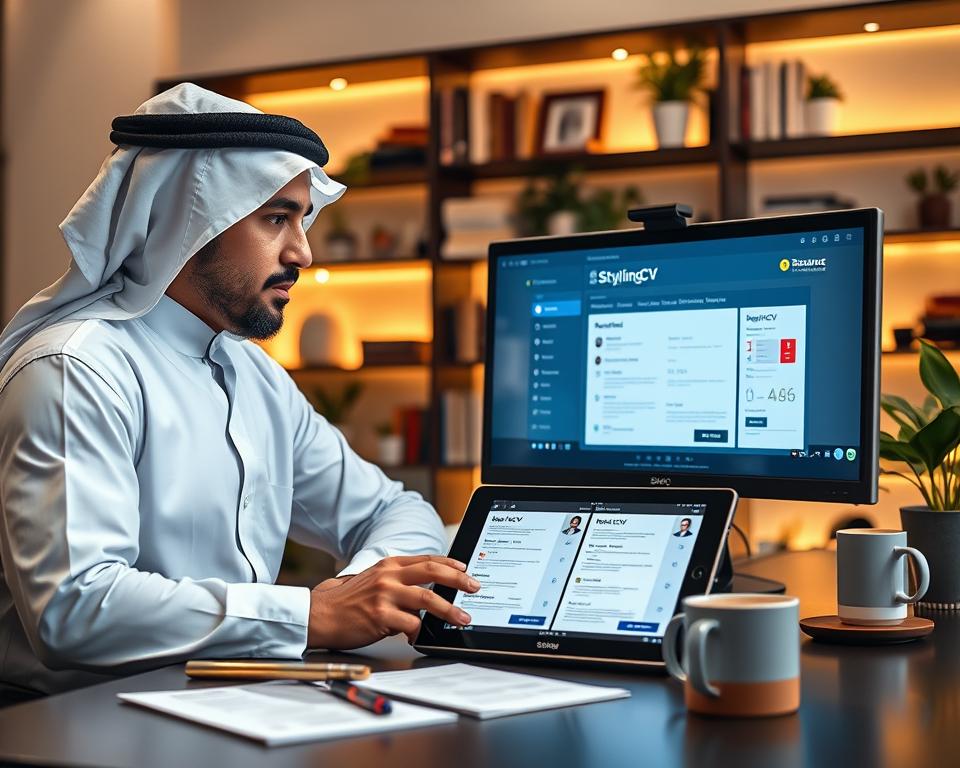 A sleek and modern workspace featuring a stylish computer screen displaying the "StylingCV" AI resume builder interface. In the foreground, a professional man in traditional KSA attire, looking thoughtfully at the screen as he creates his resume. The middle ground showcases a digital tablet with resume templates, surrounded by notes and a coffee cup, emphasizing productivity. In the background, soft ambient lighting illuminates shelves filled with books and plants, creating a warm and inspiring atmosphere. The scene captures a sense of innovation and professionalism, highlighting the integration of technology in the job application process. Shot with a shallow depth of field to focus on the subject, creating a mood of determination and sophistication. A sleek and modern workspace featuring a stylish computer screen displaying the "StylingCV" AI resume builder interface. In the foreground, a professional man in traditional KSA attire, looking thoughtfully at the screen as he creates his resume. The middle ground showcases a digital tablet with resume templates, surrounded by notes and a coffee cup, emphasizing productivity. In the background, soft ambient lighting illuminates shelves filled with books and plants, creating a warm and inspiring atmosphere. The scene captures a sense of innovation and professionalism, highlighting the integration of technology in the job application process. Shot with a shallow depth of field to focus on the subject, creating a mood of determination and sophistication.