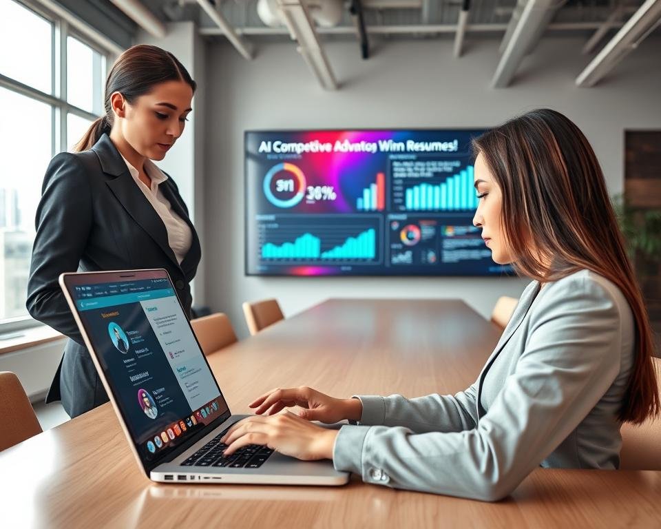 A sleek and modern workspace showcasing a professional individual working on a laptop, emphasizing the use of an AI resume builder called “StylingCV.” Foreground features a confident woman in professional business attire, intently engaged with the screen, displaying a visually appealing interface of the resume-building software. In the middle, a large, colorful digital display illustrates graphs and statistics highlighting the competitive advantages of using AI for crafting winning resumes. The background shows a contemporary office environment with minimalistic decor, soft natural light filtering through large windows, creating a bright and motivating atmosphere. The image captures a sense of innovation and professionalism, ideal for illustrating the transformative power of AI in resume building.