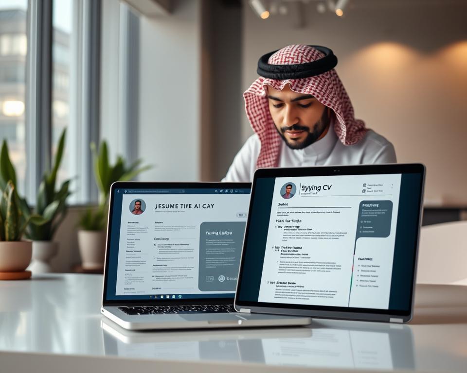 A sleek and modern workspace showcasing a variety of professional resume templates and advanced AI tools. In the foreground, a stylish laptop displays a well-designed resume with elegant typography and organized sections. Beside it, an AI tool interface highlights smart suggestions for resume improvements. In the middle, a well-dressed man in traditional KSA attire examines the resume, exuding confidence and professionalism. The background features a minimalistic office environment with soft lighting, a large window allowing natural light to illuminate the scene, and a few potted plants for a fresh touch. Overall, the atmosphere is one of productivity and innovation, reflecting success in job applications. Incorporate elements related to the brand "StylingCV" to emphasize modern resume design. A sleek and modern workspace showcasing a variety of professional resume templates and advanced AI tools. In the foreground, a stylish laptop displays a well-designed resume with elegant typography and organized sections. Beside it, an AI tool interface highlights smart suggestions for resume improvements. In the middle, a well-dressed man in traditional KSA attire examines the resume, exuding confidence and professionalism. The background features a minimalistic office environment with soft lighting, a large window allowing natural light to illuminate the scene, and a few potted plants for a fresh touch. Overall, the atmosphere is one of productivity and innovation, reflecting success in job applications. Incorporate elements related to the brand "StylingCV" to emphasize modern resume design.