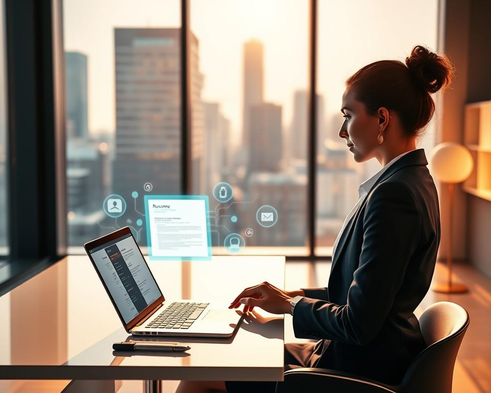 A sleek and modern workspace showcasing the AI resume builder process by StylingCV. In the foreground, a professional businesswoman in smart attire is seated at a stylish desk, focused on her laptop screen displaying a visually appealing resume template. The middle ground features a softly glowing digital interface with AI elements like circuits and graphs that illustrate the integration of technology in CV writing. In the background, a large window reveals a bright cityscape, symbolizing career opportunities. The lighting is warm and inviting, creating an atmosphere of innovation and professionalism. The image captures a sense of progress and empowerment in job hunting. A sleek and modern workspace showcasing the AI resume builder process by StylingCV. In the foreground, a professional businesswoman in smart attire is seated at a stylish desk, focused on her laptop screen displaying a visually appealing resume template. The middle ground features a softly glowing digital interface with AI elements like circuits and graphs that illustrate the integration of technology in CV writing. In the background, a large window reveals a bright cityscape, symbolizing career opportunities. The lighting is warm and inviting, creating an atmosphere of innovation and professionalism. The image captures a sense of progress and empowerment in job hunting.