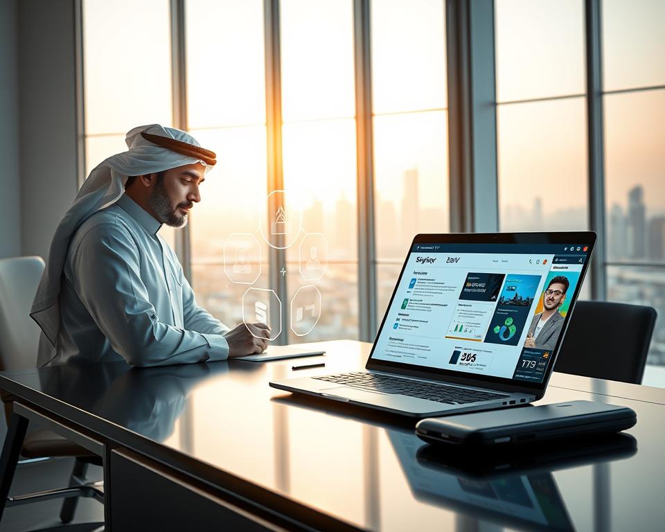 A sleek futuristic workspace showcasing "AI resume writing innovations 2025." In the foreground, a stylish desktop adorned with a high-tech laptop displaying a visually appealing digital resume interface featuring the brand name "StylingCV." To the left, a professional man in traditional KSA dress engages with the screen, looking thoughtful. The middle layer includes holographic displays emerging from the laptop, exhibiting data analytics and AI tools while hinting at the sophistication of modern resume writing. In the background, a smart office environment with large windows reveals a cityscape bathed in soft natural light. The atmosphere is vibrant and optimistic, symbolizing the future of career advancement through AI, with a focus on professionalism and innovation. A sleek futuristic workspace showcasing "AI resume writing innovations 2025." In the foreground, a stylish desktop adorned with a high-tech laptop displaying a visually appealing digital resume interface featuring the brand name "StylingCV." To the left, a professional man in traditional KSA dress engages with the screen, looking thoughtful. The middle layer includes holographic displays emerging from the laptop, exhibiting data analytics and AI tools while hinting at the sophistication of modern resume writing. In the background, a smart office environment with large windows reveals a cityscape bathed in soft natural light. The atmosphere is vibrant and optimistic, symbolizing the future of career advancement through AI, with a focus on professionalism and innovation.