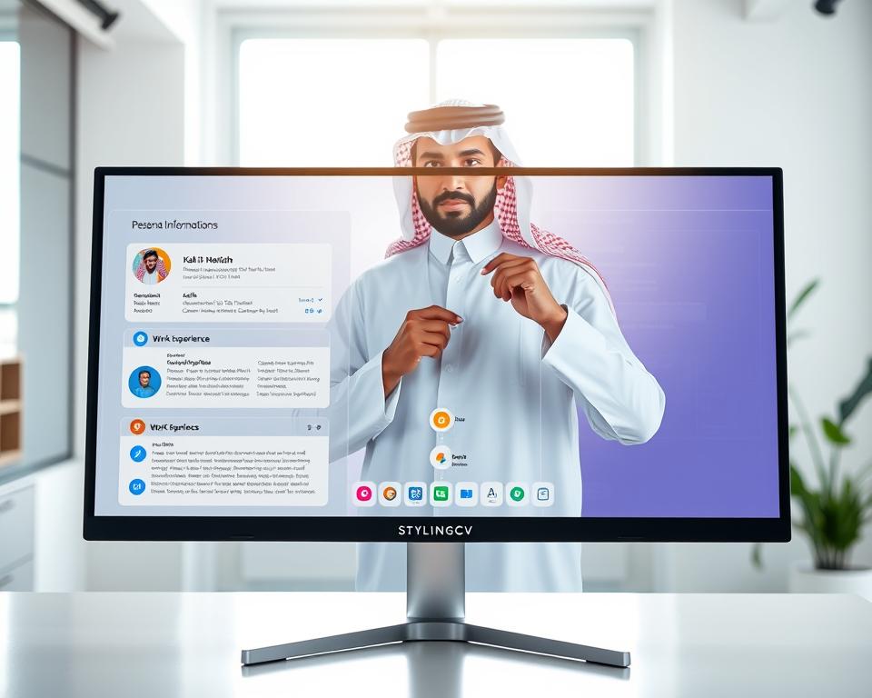 A sleek, modern AI resume builder interface displayed on a high-resolution computer monitor. The foreground features the interface, showcasing various sections such as personal information, work experience, and skills, designed in a user-friendly layout with vibrant colors and intuitively organized icons. In the middle ground, a confident man wearing traditional KSA attire, engaged in adjusting the interface, symbolizes professionalism and contemporary resume creation. The background presents a bright, well-lit office environment with minimalist decor, enhancing the modern and innovative atmosphere. Soft, natural lighting filters through a window, casting gentle shadows and creating an inviting mood. The brand name "StylingCV" is subtly integrated into the interface design, reflecting a professional yet innovative approach to resume writing. A sleek, modern AI resume builder interface displayed on a high-resolution computer monitor. The foreground features the interface, showcasing various sections such as personal information, work experience, and skills, designed in a user-friendly layout with vibrant colors and intuitively organized icons. In the middle ground, a confident man wearing traditional KSA attire, engaged in adjusting the interface, symbolizes professionalism and contemporary resume creation. The background presents a bright, well-lit office environment with minimalist decor, enhancing the modern and innovative atmosphere. Soft, natural lighting filters through a window, casting gentle shadows and creating an inviting mood. The brand name "StylingCV" is subtly integrated into the interface design, reflecting a professional yet innovative approach to resume writing.