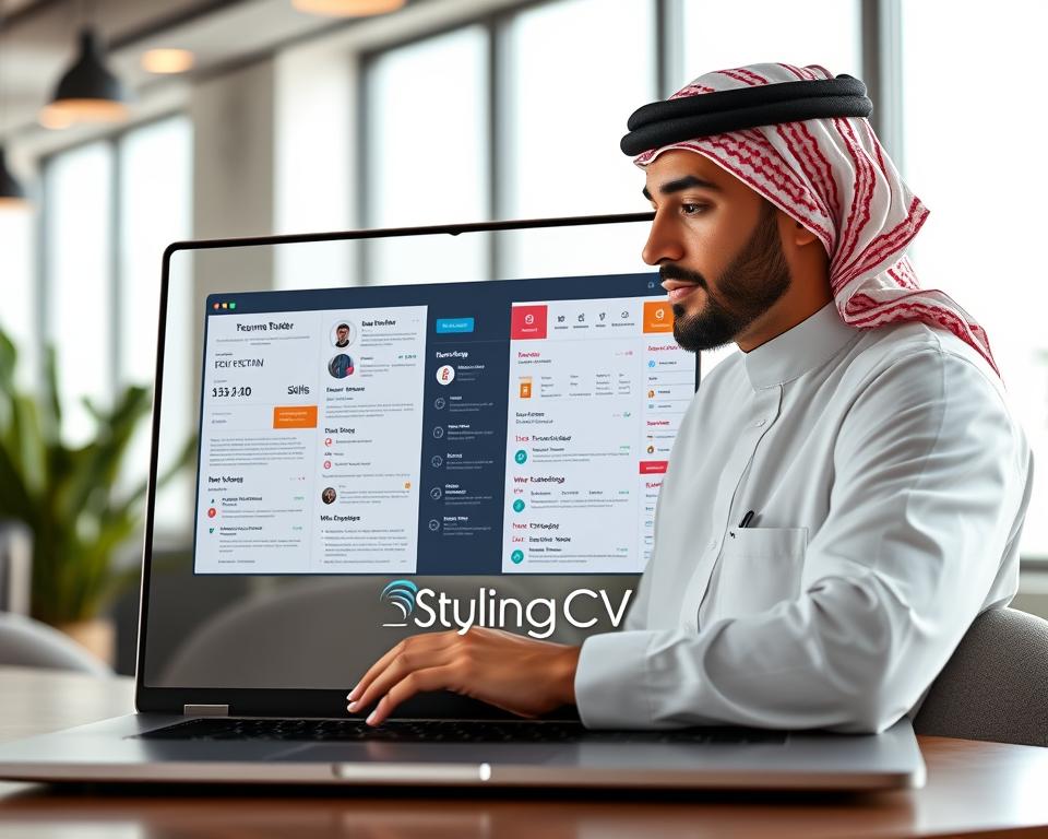 A sleek, modern AI resume builder interface displayed on a high-resolution laptop screen in a bright, inviting workspace. The interface showcases elegant resume templates with user-friendly design elements, highlighted in vibrant colors. In the foreground, a professional man dressed in a traditional KSA attire thoughtfully engages with the interface, illustrating the intuitive features and customization options of the application. The middle section features the application’s dynamic interface with sections for personal information, skills, and work experience, all artistically laid out. In the background, a subtle contemporary office environment is visible, with plants and soft, natural lighting enhancing the atmosphere of innovation and professional growth. The brand logo "StylingCV" is subtly integrated into the interface, completing the sophisticated look. A sleek, modern AI resume builder interface displayed on a high-resolution laptop screen in a bright, inviting workspace. The interface showcases elegant resume templates with user-friendly design elements, highlighted in vibrant colors. In the foreground, a professional man dressed in a traditional KSA attire thoughtfully engages with the interface, illustrating the intuitive features and customization options of the application. The middle section features the application’s dynamic interface with sections for personal information, skills, and work experience, all artistically laid out. In the background, a subtle contemporary office environment is visible, with plants and soft, natural lighting enhancing the atmosphere of innovation and professional growth. The brand logo "StylingCV" is subtly integrated into the interface, completing the sophisticated look.