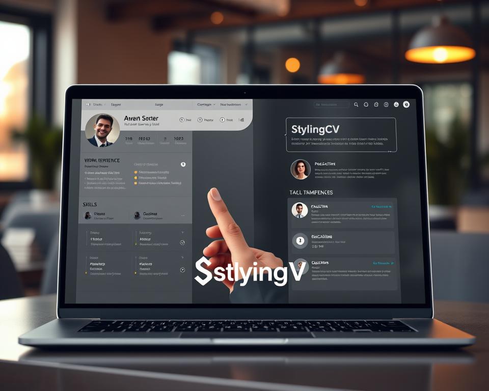 A sleek, modern AI resume builder tool interface displayed on a high-resolution laptop screen. The foreground features a user-friendly design with sections for personal information, work experience, education, and skills, enhanced with visually appealing icons. In the middle, a stylish hand in professional business attire expertly navigates the interface, showcasing a sense of engagement and usability. The background is a softly blurred office environment with warm, natural lighting coming from a nearby window, creating an inviting atmosphere. The brand name "StylingCV" is subtly integrated into the interface design, emphasizing professionalism. The image should evoke a sense of empowerment and innovation, illustrating how technology can aid in crafting a successful resume. A sleek, modern AI resume builder tool interface displayed on a high-resolution laptop screen. The foreground features a user-friendly design with sections for personal information, work experience, education, and skills, enhanced with visually appealing icons. In the middle, a stylish hand in professional business attire expertly navigates the interface, showcasing a sense of engagement and usability. The background is a softly blurred office environment with warm, natural lighting coming from a nearby window, creating an inviting atmosphere. The brand name "StylingCV" is subtly integrated into the interface design, emphasizing professionalism. The image should evoke a sense of empowerment and innovation, illustrating how technology can aid in crafting a successful resume.