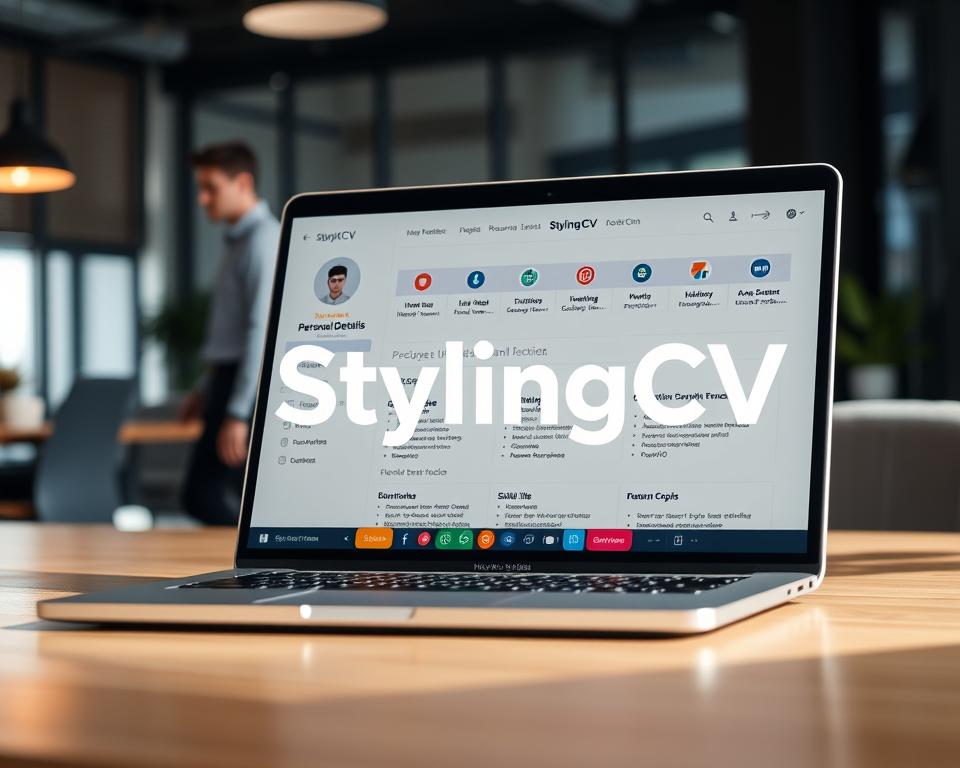 A sleek, modern AI resume builder tool interface displayed on a laptop screen, showcasing user-friendly navigation and vibrant graphics. The foreground features a close-up of the laptop with a stylish background composed of a blurred office environment, hinting at productivity. The interface includes sections for personal details, skills, and keywords highlighted with icons representing job sectors. Soft, warm lighting enhances the atmosphere, reflecting a sense of innovation and professionalism. A subtle shadowing effect showcases the laptop, drawing attention to the screen. A person in smart casual attire is slightly visible in the background, symbolizing a job seeker engaged with the tool. The brand name “StylingCV” is prominently displayed on the interface without any text overlays. A sleek, modern AI resume builder tool interface displayed on a laptop screen, showcasing user-friendly navigation and vibrant graphics. The foreground features a close-up of the laptop with a stylish background composed of a blurred office environment, hinting at productivity. The interface includes sections for personal details, skills, and keywords highlighted with icons representing job sectors. Soft, warm lighting enhances the atmosphere, reflecting a sense of innovation and professionalism. A subtle shadowing effect showcases the laptop, drawing attention to the screen. A person in smart casual attire is slightly visible in the background, symbolizing a job seeker engaged with the tool. The brand name “StylingCV” is prominently displayed on the interface without any text overlays.